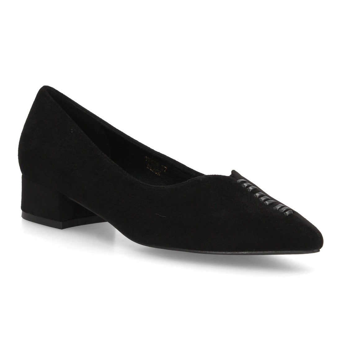 Zapatos de salón negros de ante con punta fina y tacón bajo ancho para mujer