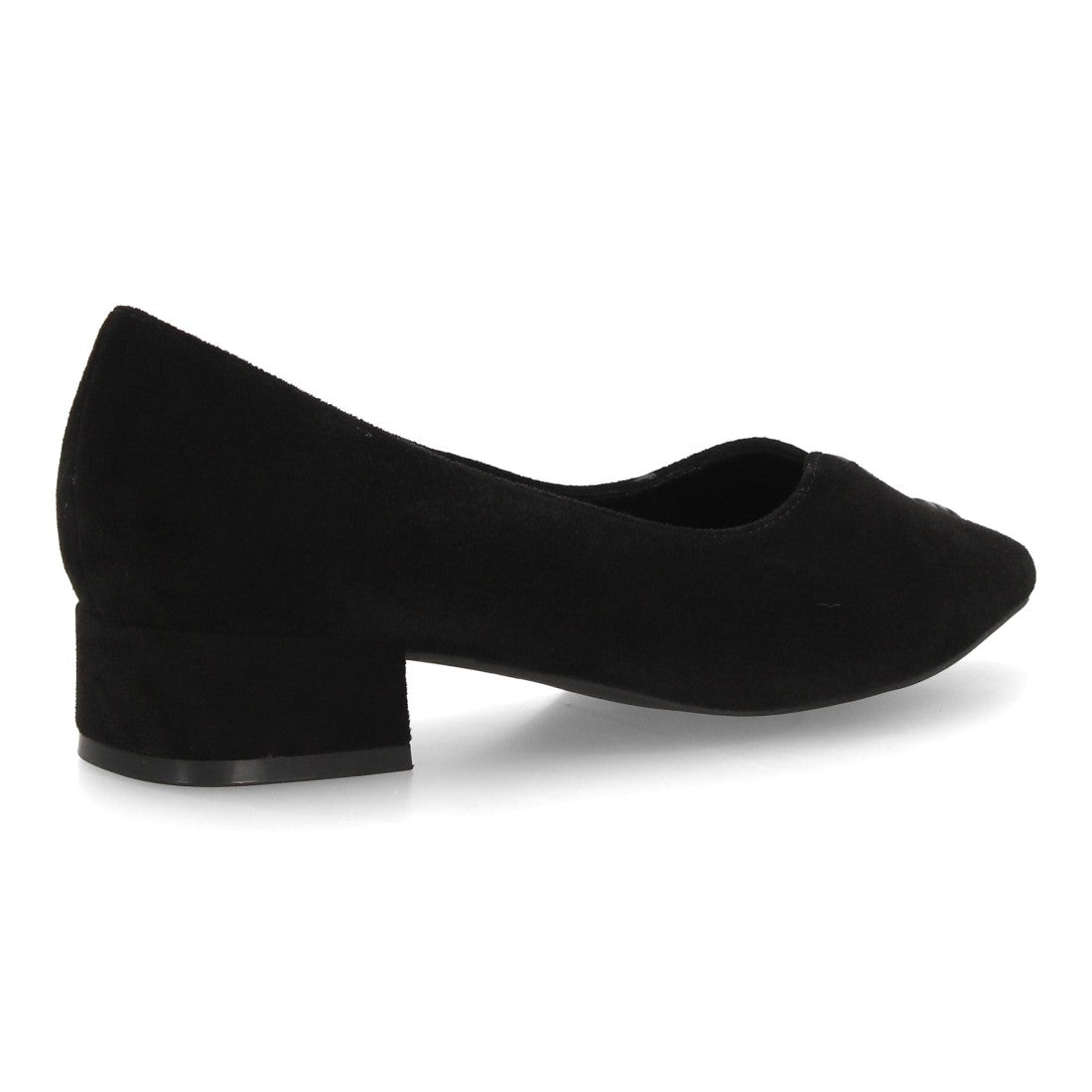Zapatos de salón negros de ante con punta fina y tacón bajo ancho para mujer