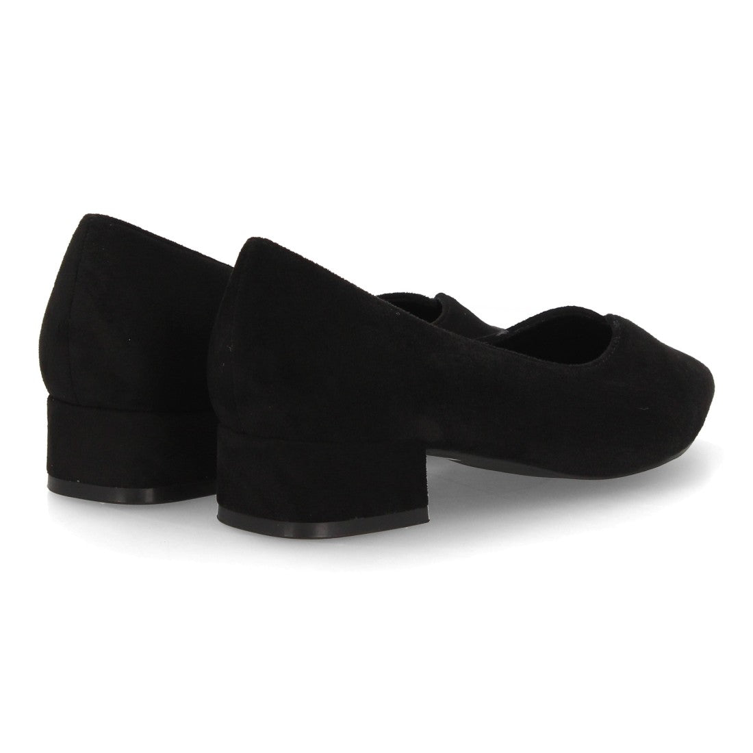 Zapatos de salón negros de ante con punta fina y tacón bajo ancho para mujer
