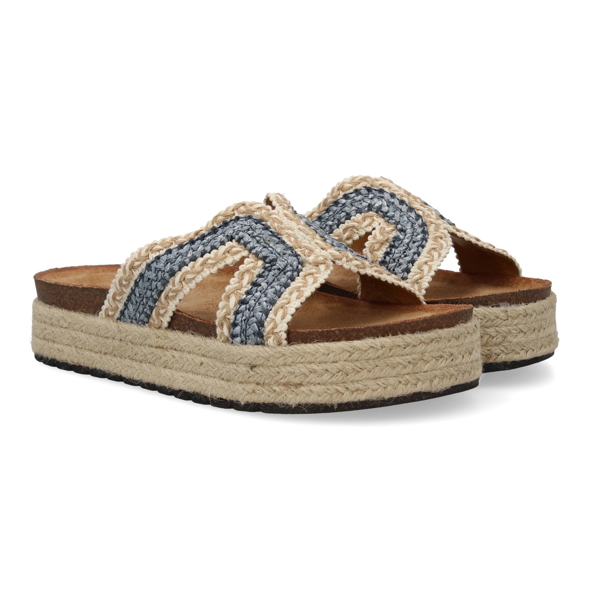 Sandalias planas azules de mujer, diseño trenzado, suela de yute, ideales primavera verano.