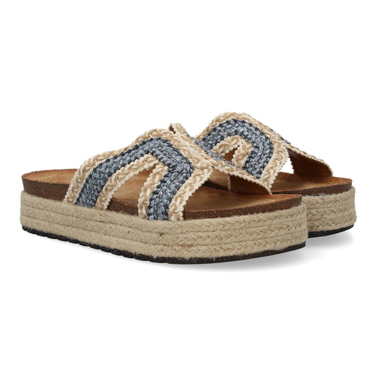 Sandalias planas azules de mujer, diseño trenzado, suela de yute, ideales primavera verano.