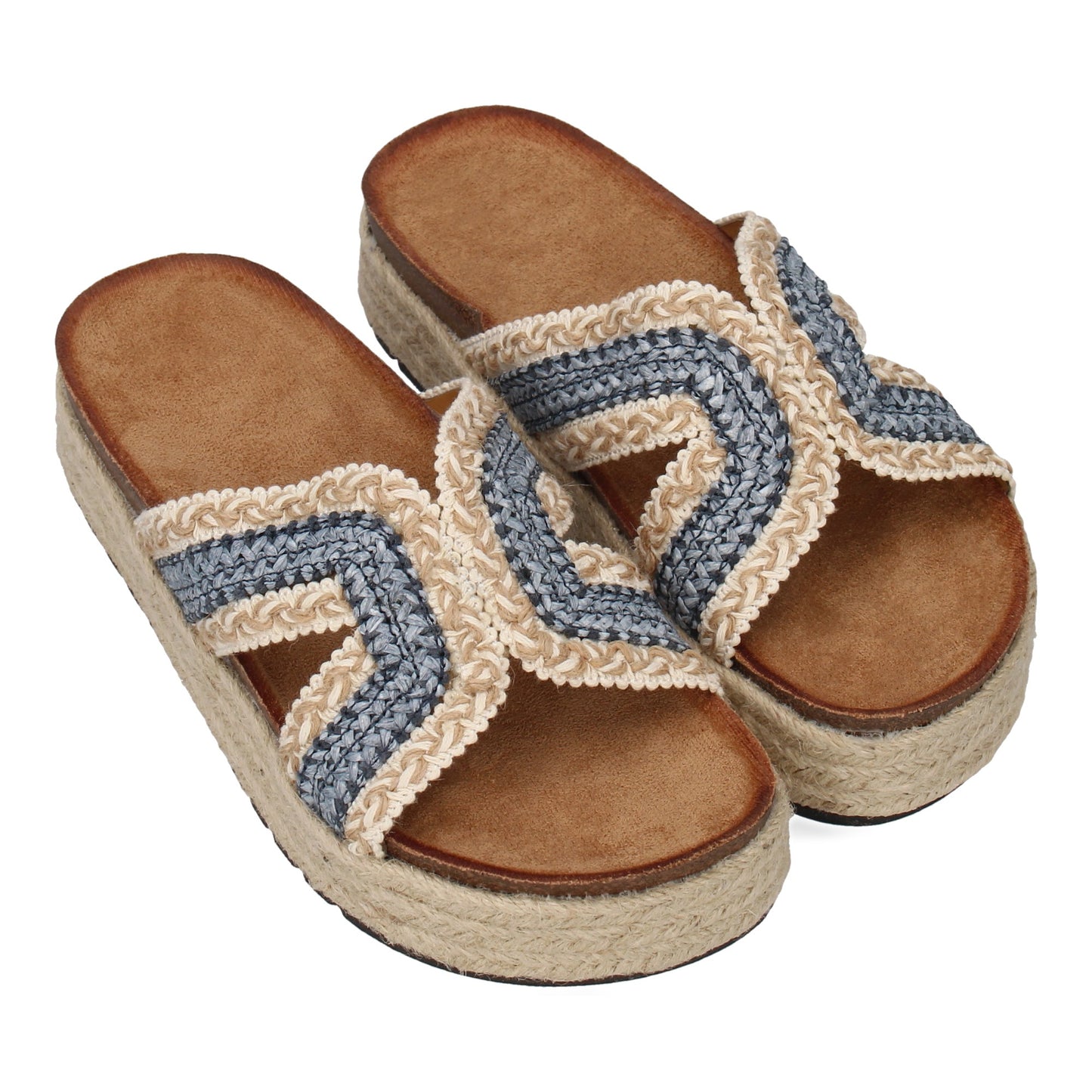 Sandalias Planas Azules Mujer con Diseño Trenzado y Yute