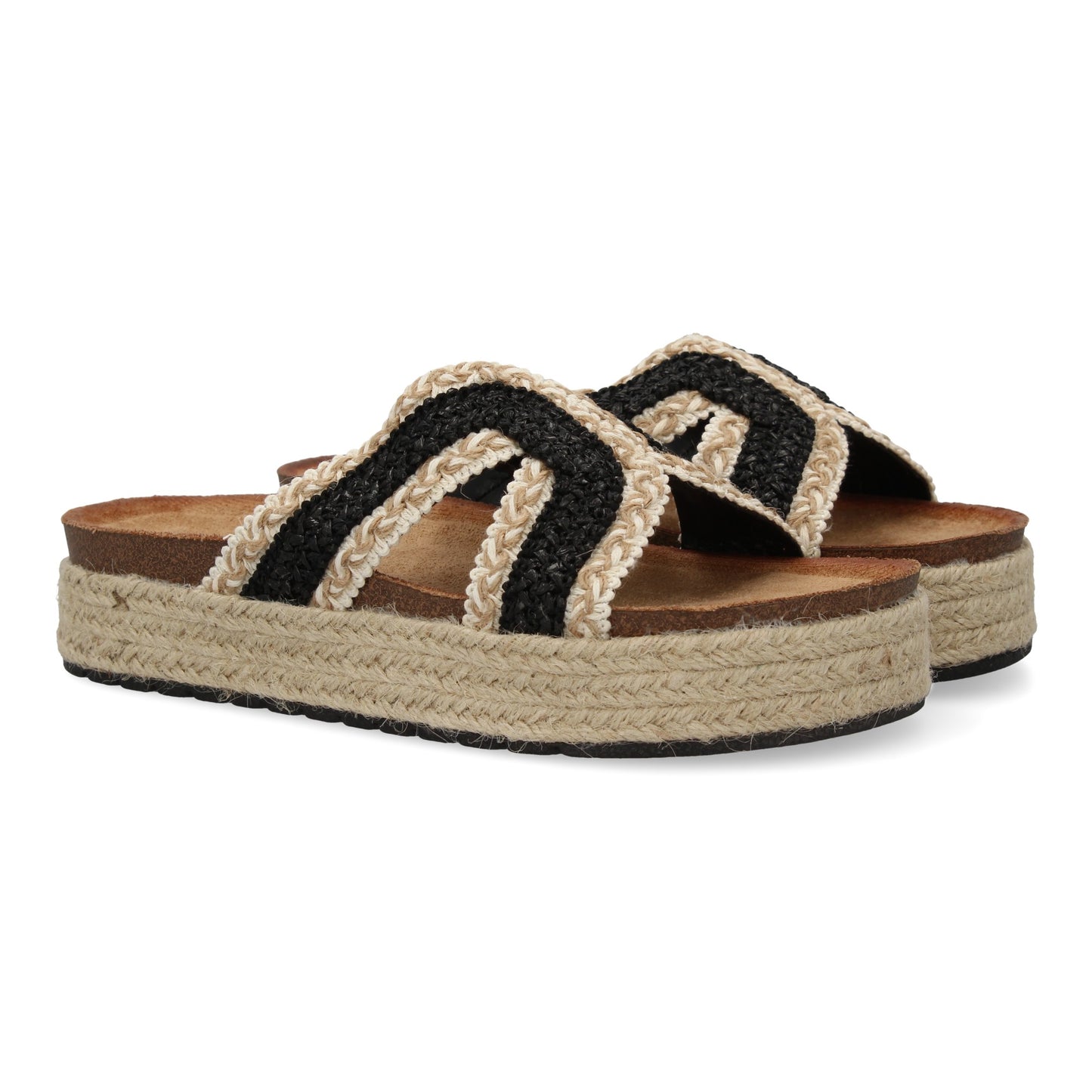 Sandalias planas negras de mujer, diseño trenzado, suela de yute, ideales primavera verano.