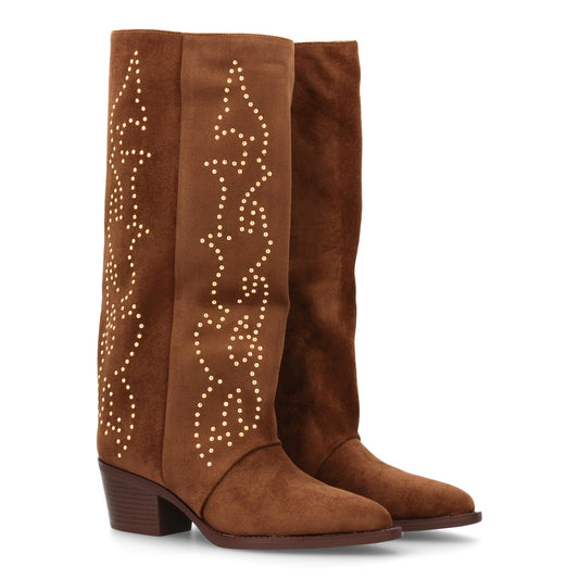 Bota alta cowboy kaki de mujer, caña alta, tachuelas, tacón medio cómodo y cremallera, otoño invierno.