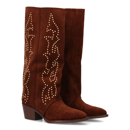 Bota alta cowboy marrón de mujer, caña alta, tachuelas, tacón medio cómodo y cremallera, otoño invierno.