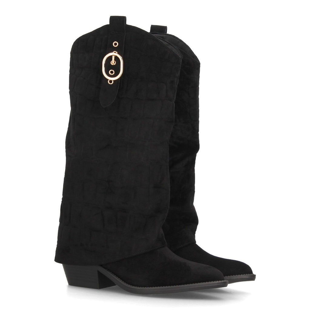 Botas altas camperas negras de mujer con solapa y tacón ancho