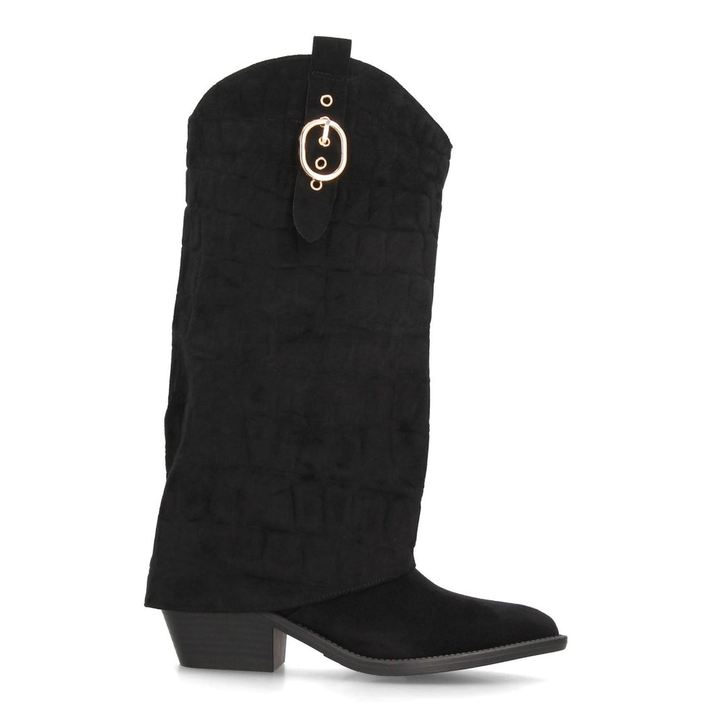 Botas altas camperas negras de mujer con solapa y tacón ancho