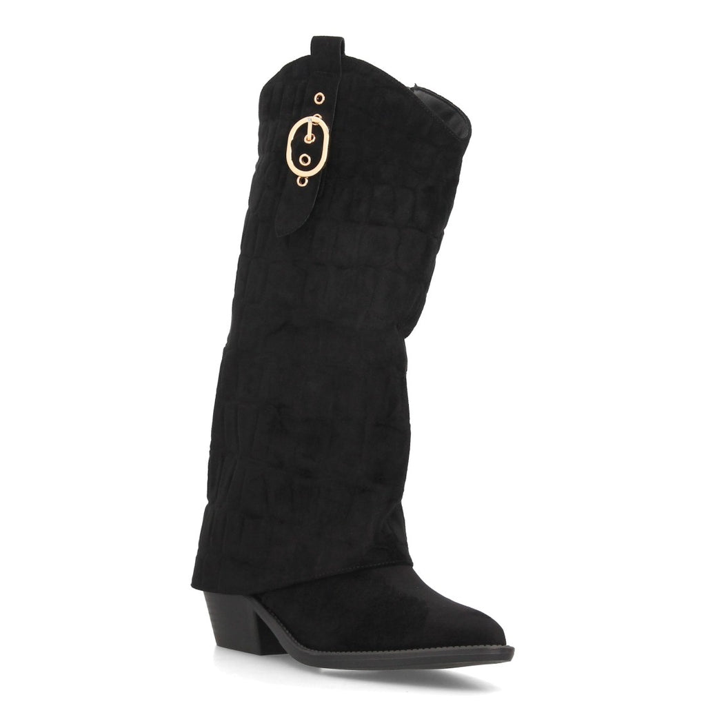 Botas altas camperas negras de mujer con solapa y tacón ancho