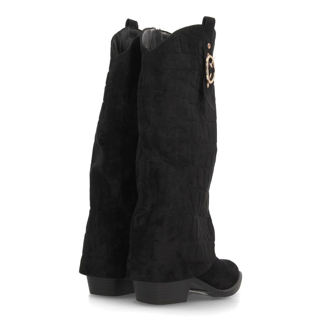 Botas altas camperas negras de mujer con solapa y tacón ancho