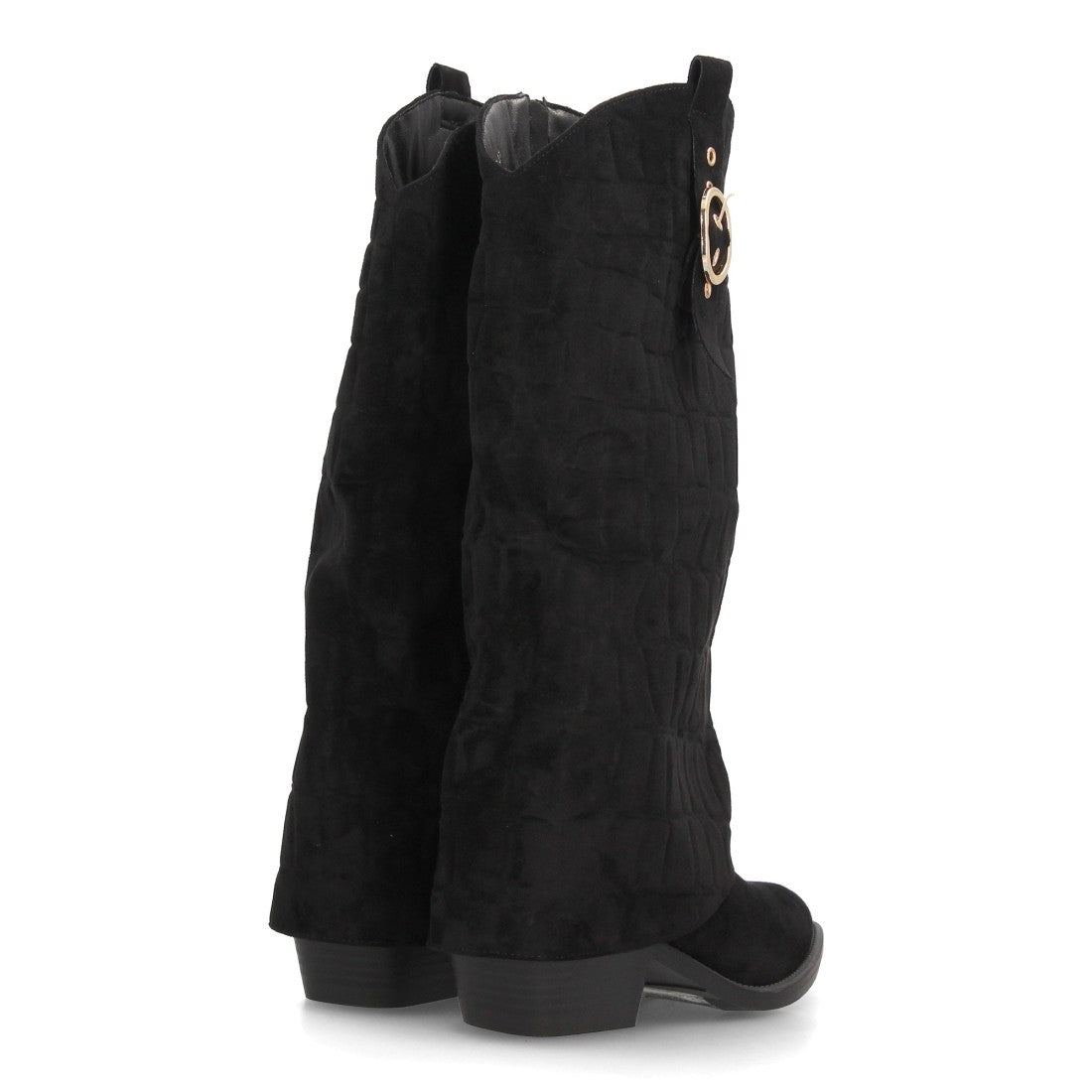 Botas altas camperas negras de mujer con solapa y tacón ancho