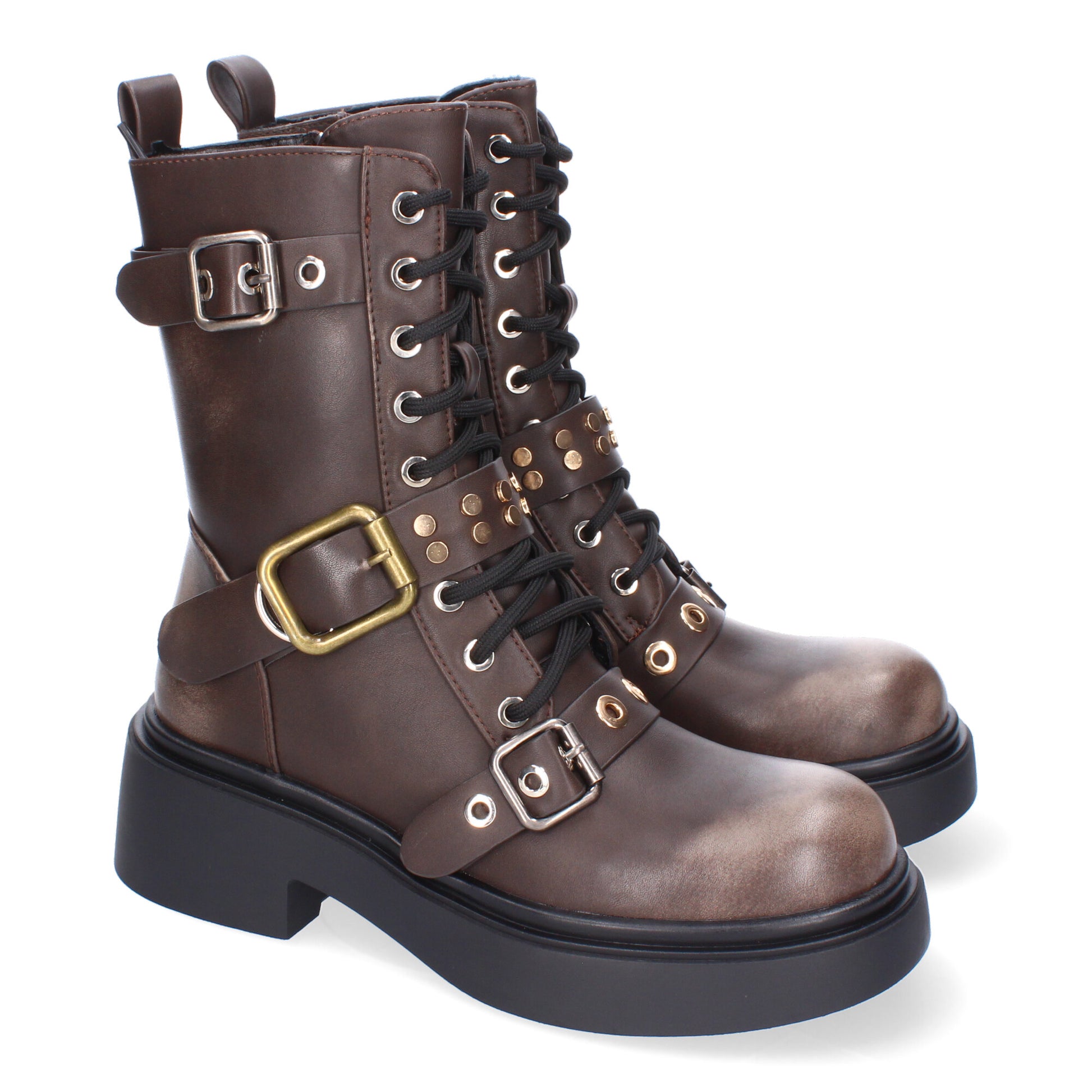 Bota de tacón marrón hebillas