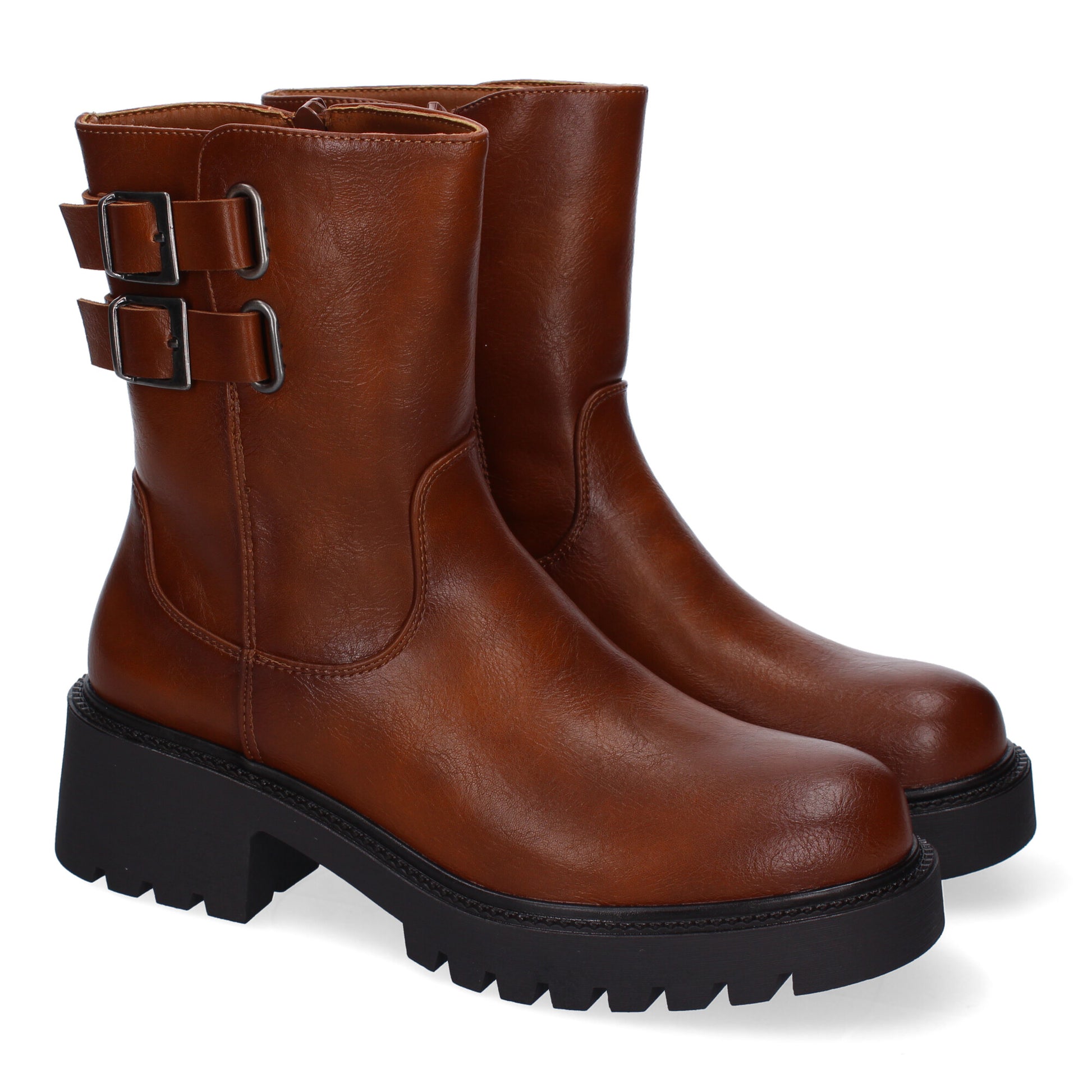 Botín camel de mujer, diseño moderno, hebillas, estilo de tendencia, uso diario.