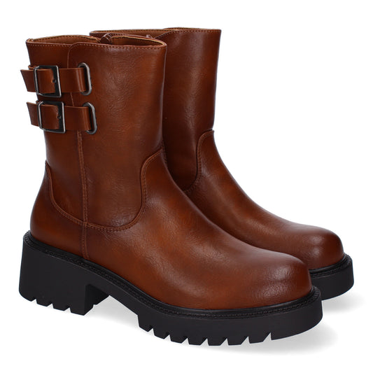 Botín camel de mujer, diseño moderno, hebillas, estilo de tendencia, uso diario.