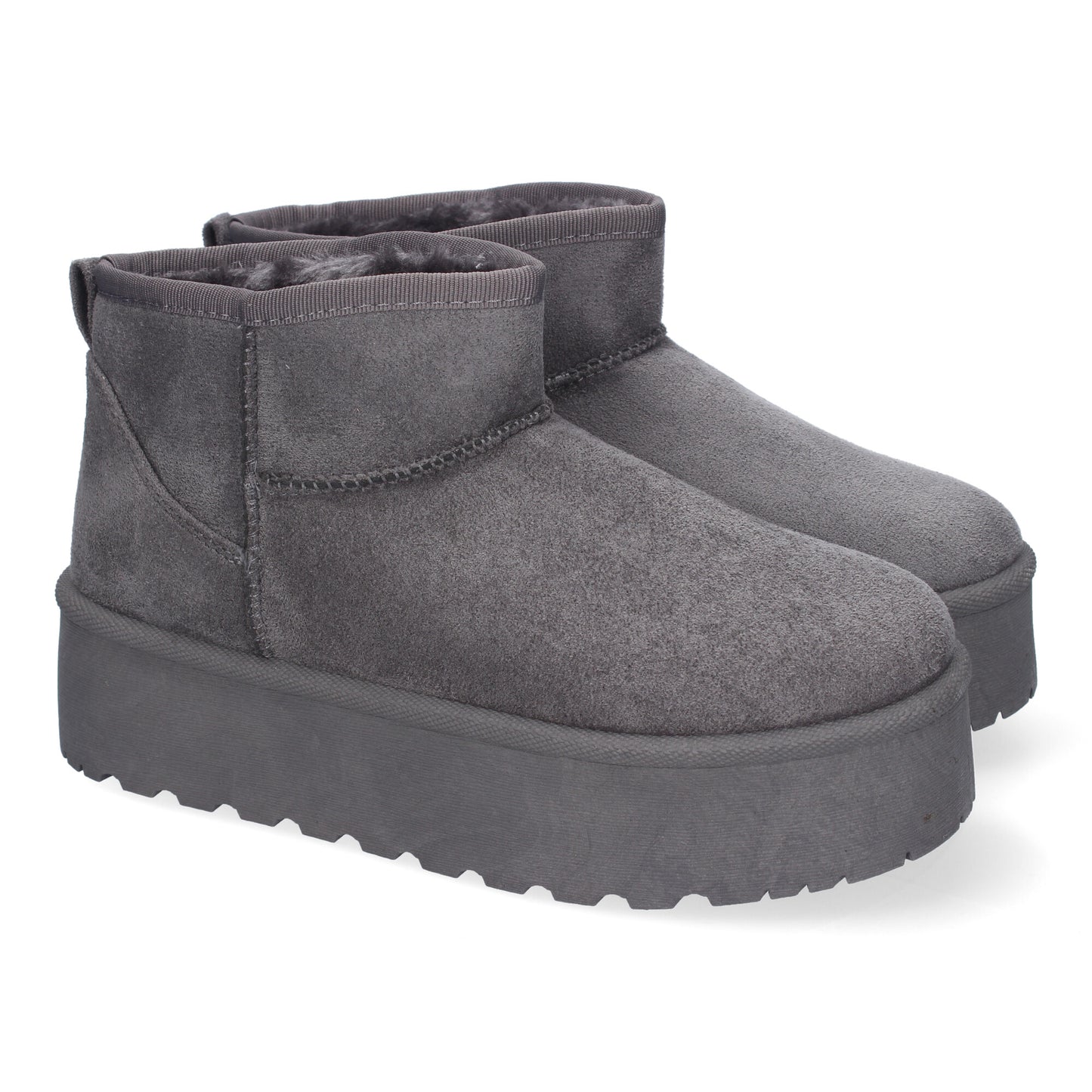 Botín plano australiano gris de mujer, plataforma, forrado de pelo, punta redonda.