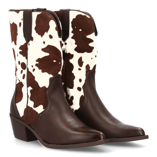 Botín campero marrón de mujer, estampado de vaca, punta fina, tacón cómodo y cierre de cremallera, otoño invierno.