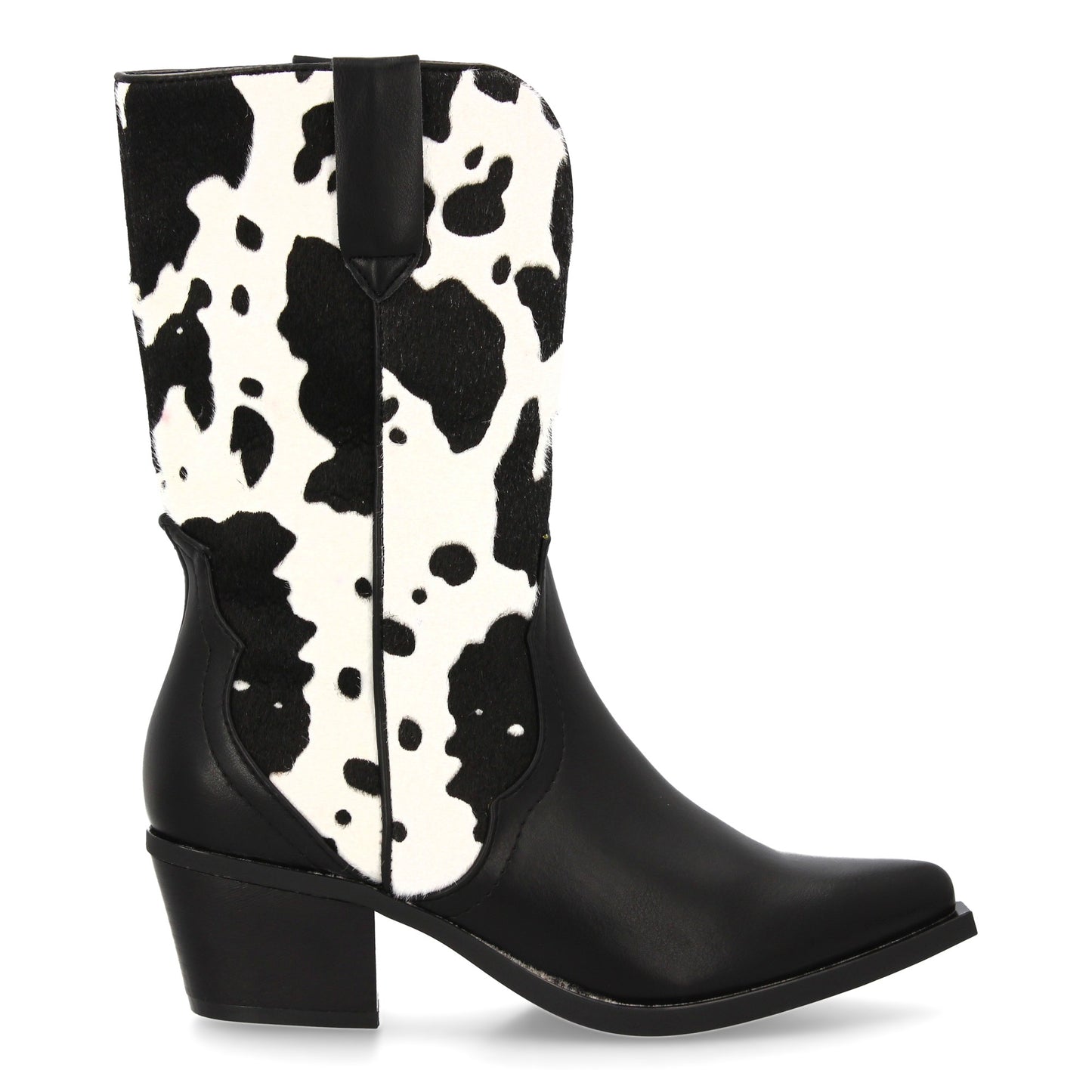Botín Campero Negro Estampado Vaca Punta Fina y Cremallera