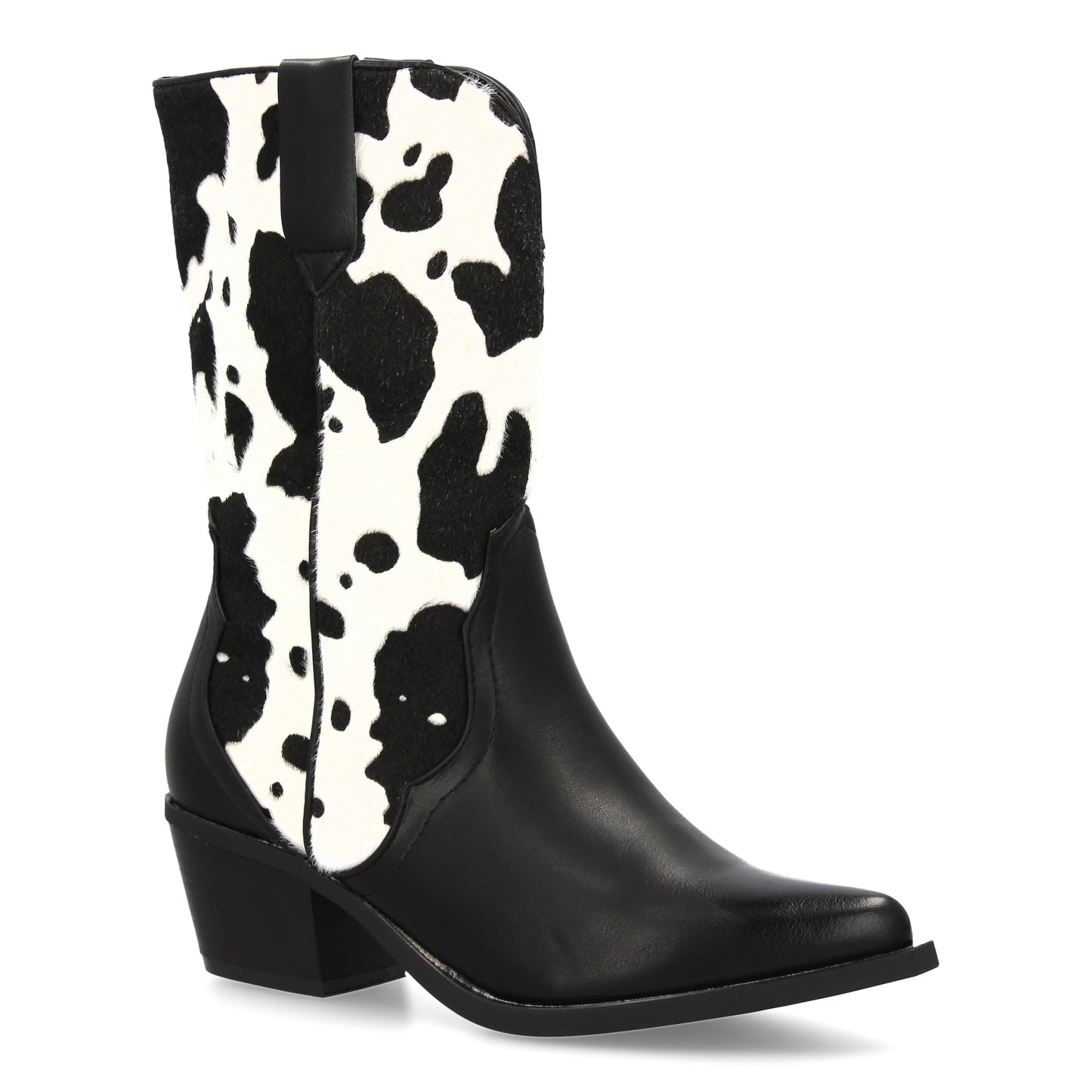 Botín Campero Negro Estampado Vaca Punta Fina y Cremallera
