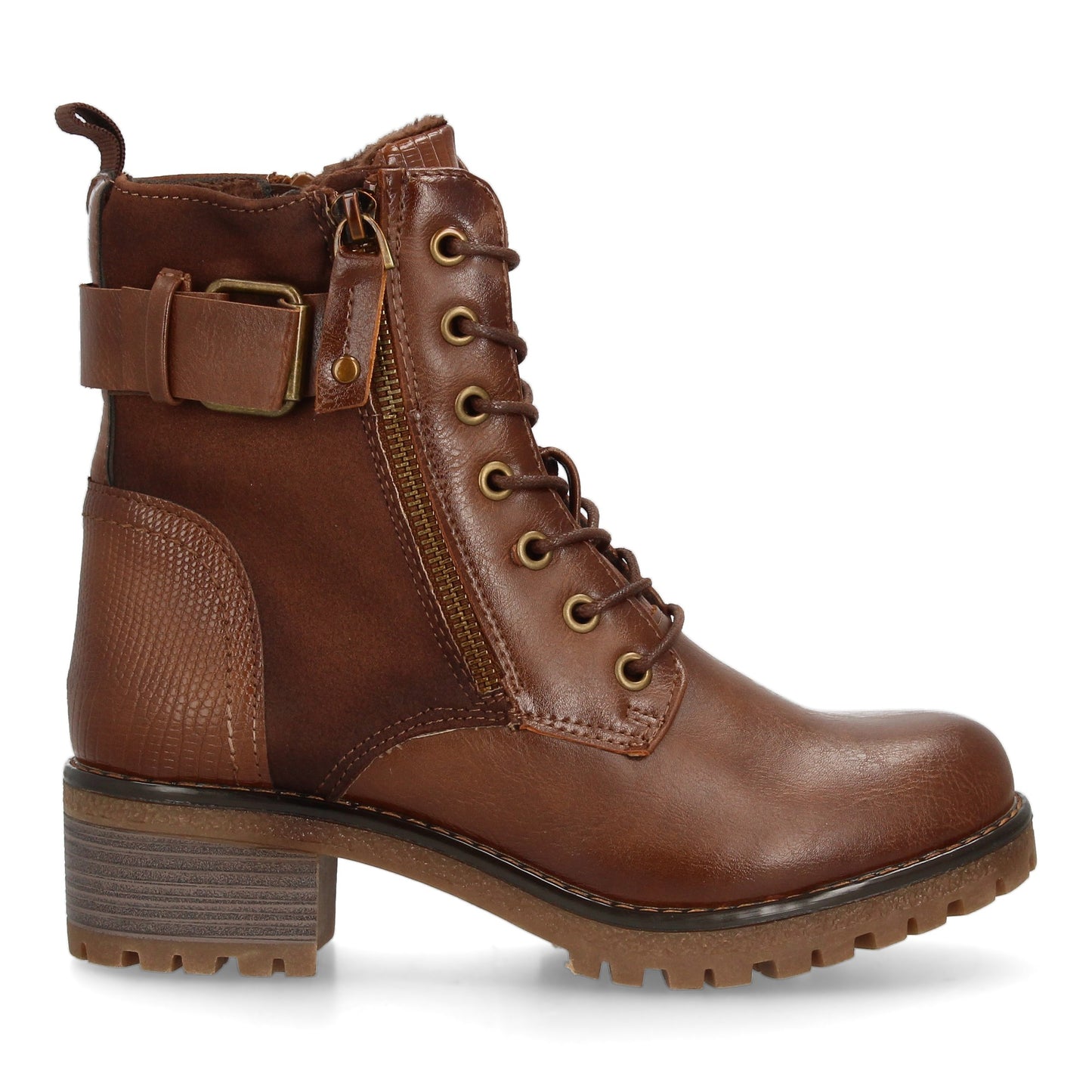 Bota Robusta Camel de Mujer con Cordones, Cremallera y Hebilla