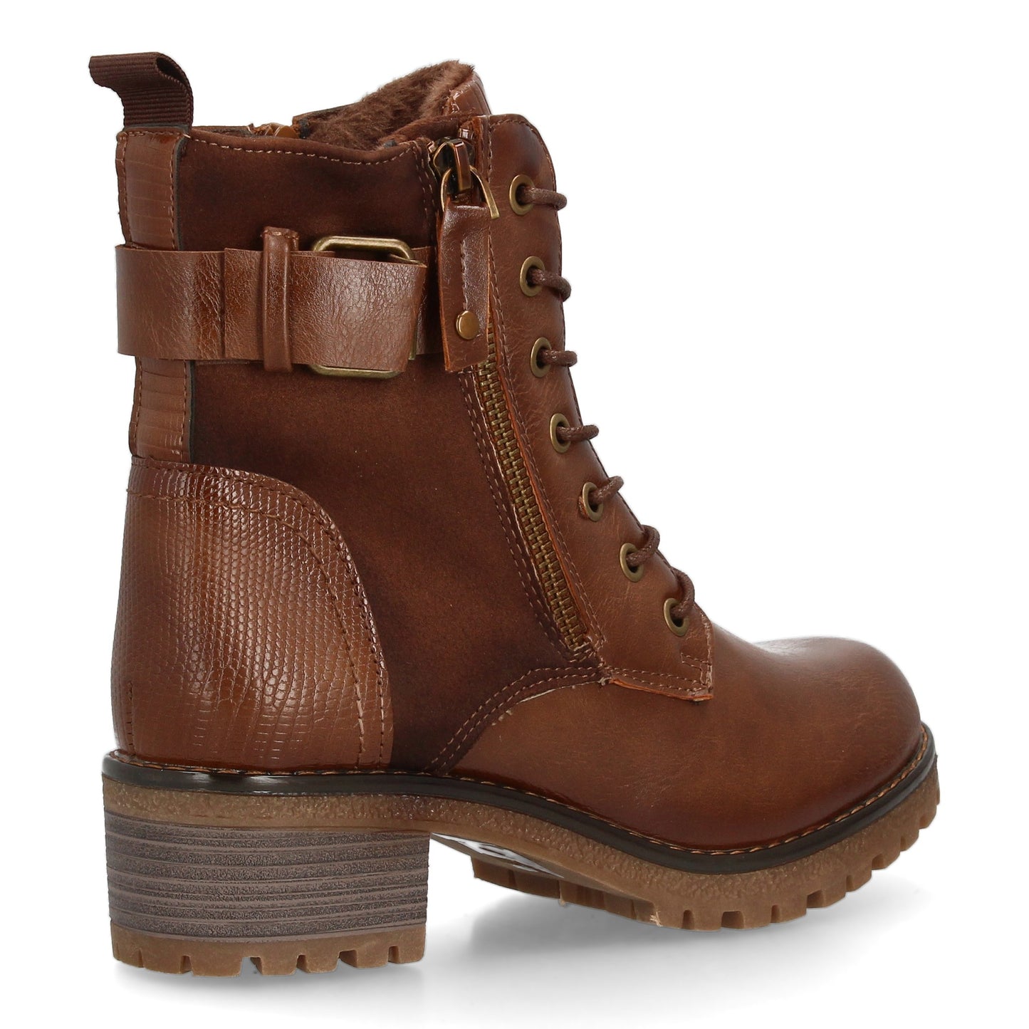 Bota Robusta Camel de Mujer con Cordones, Cremallera y Hebilla