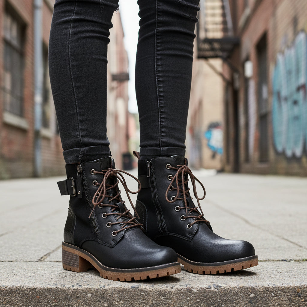 Bota de mujer negra de diseño robusto con suela track, cordones frontales, cremallera lateral y hebilla de adorno.