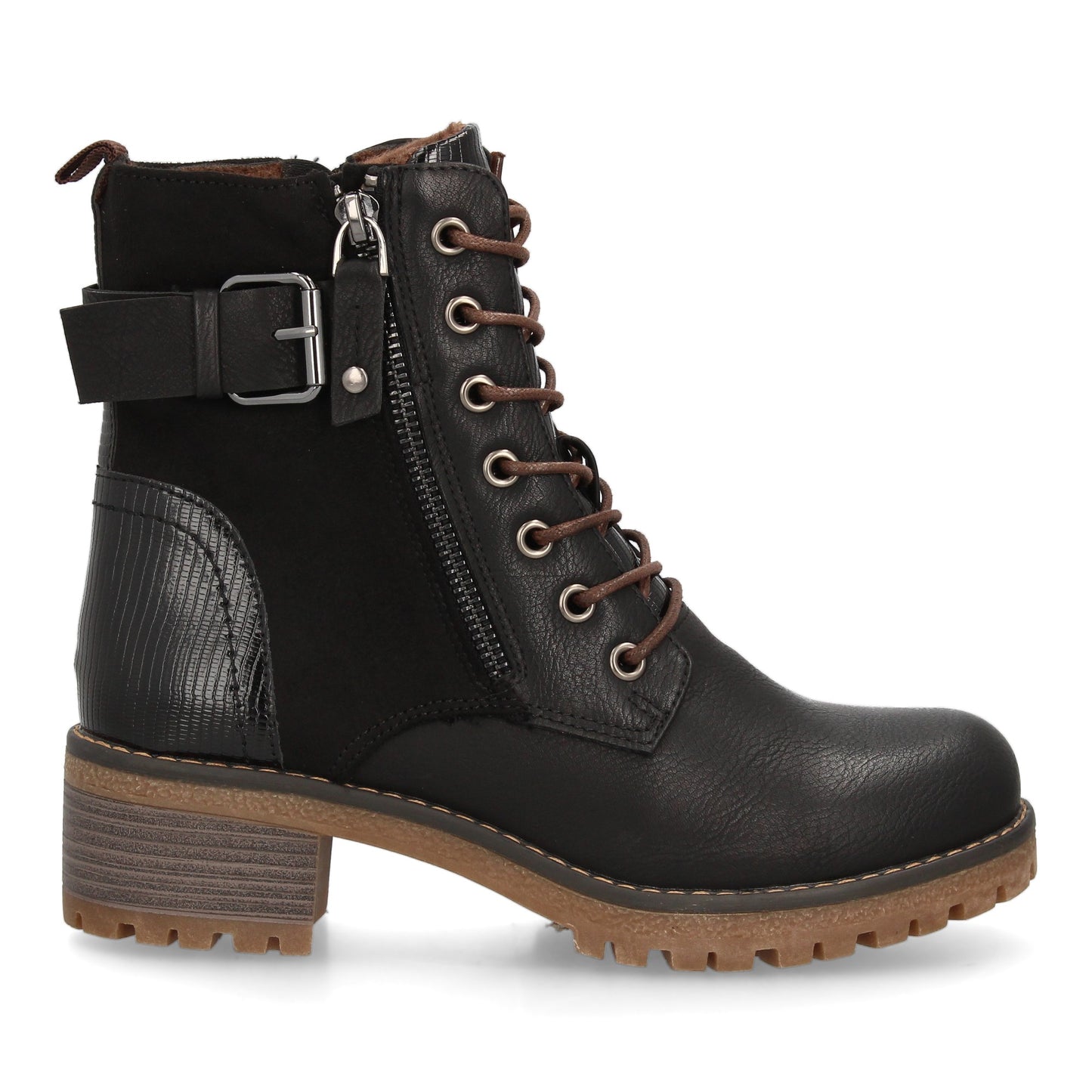 Bota Robusta Negra de Mujer con Cordones, Cremallera y Hebilla