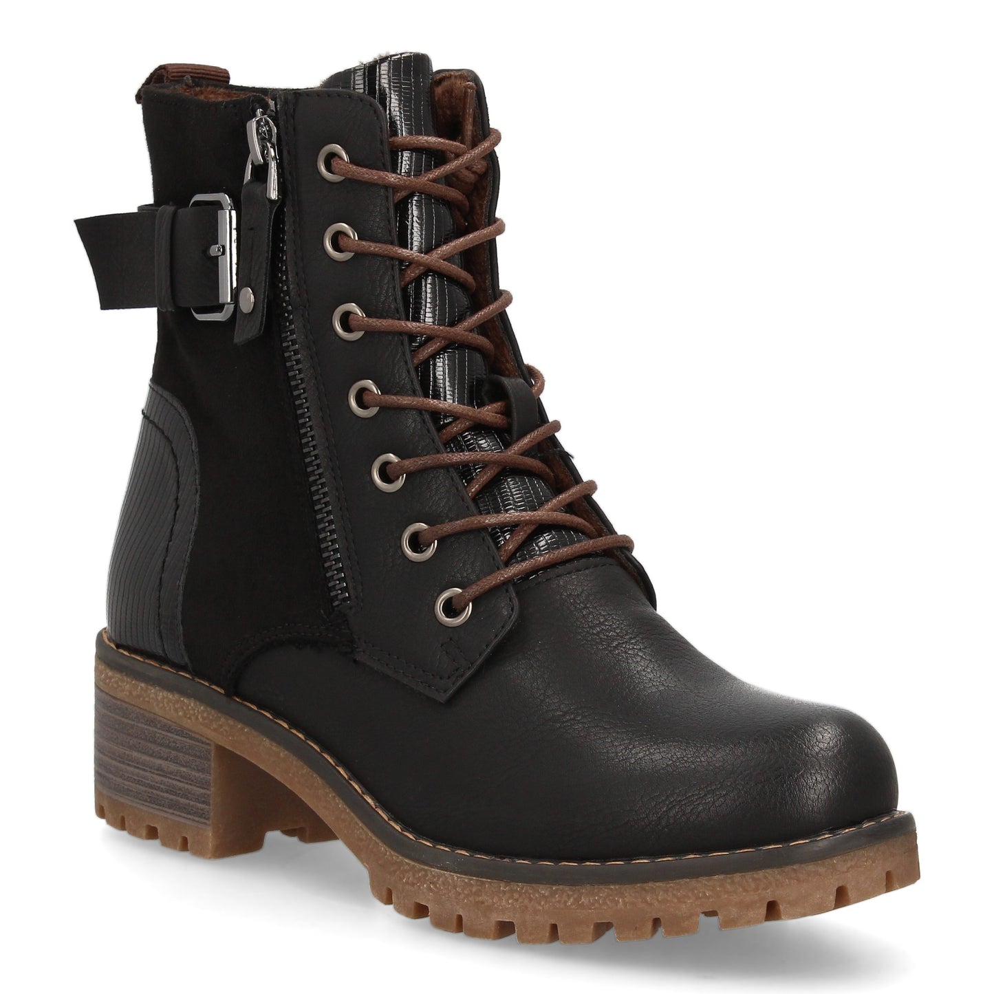 Bota Robusta Negra de Mujer con Cordones, Cremallera y Hebilla