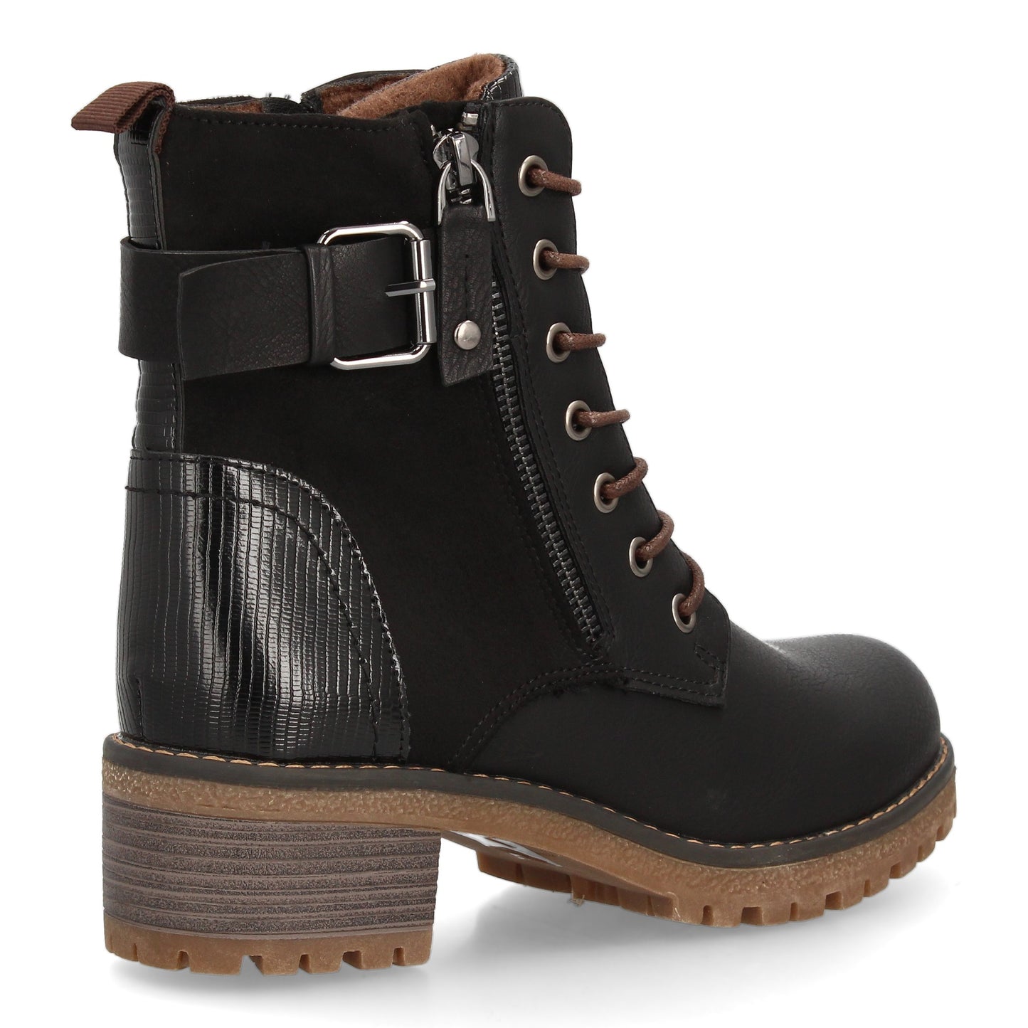 Bota Robusta Negra de Mujer con Cordones, Cremallera y Hebilla