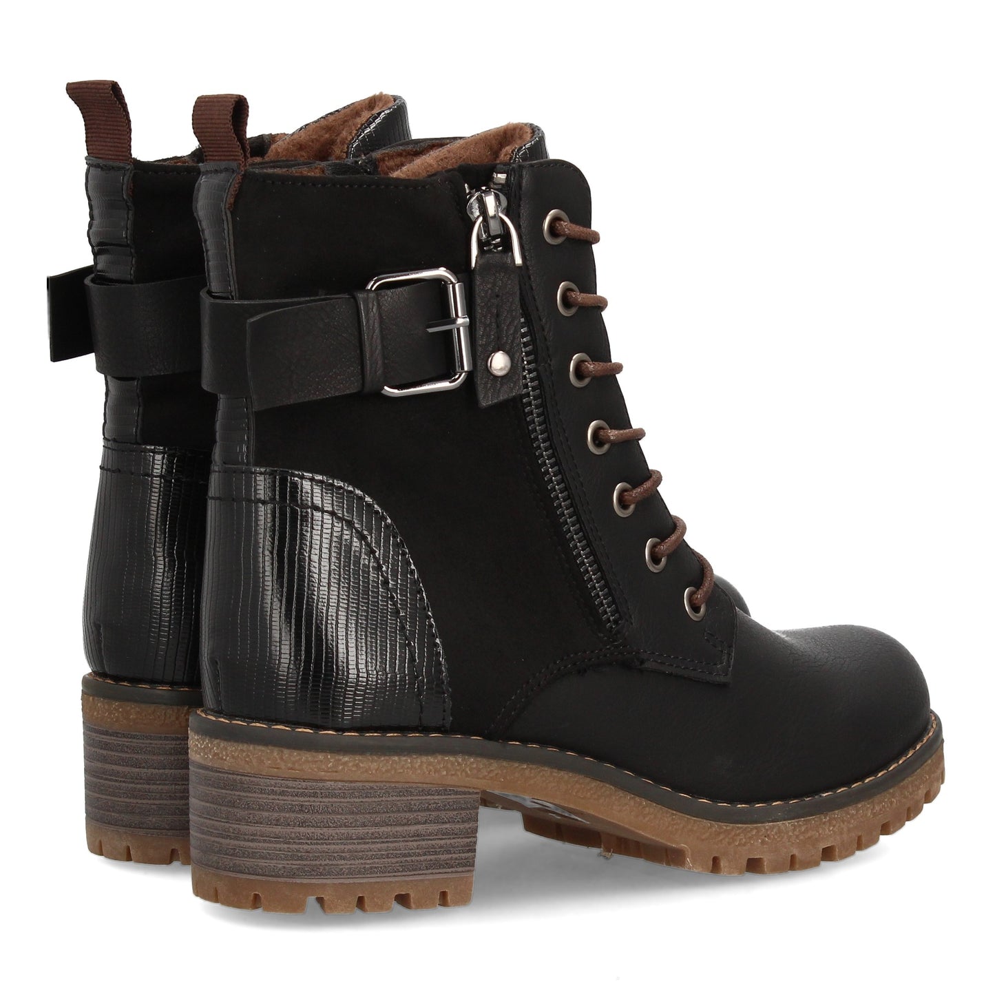 Bota Robusta Negra de Mujer con Cordones, Cremallera y Hebilla