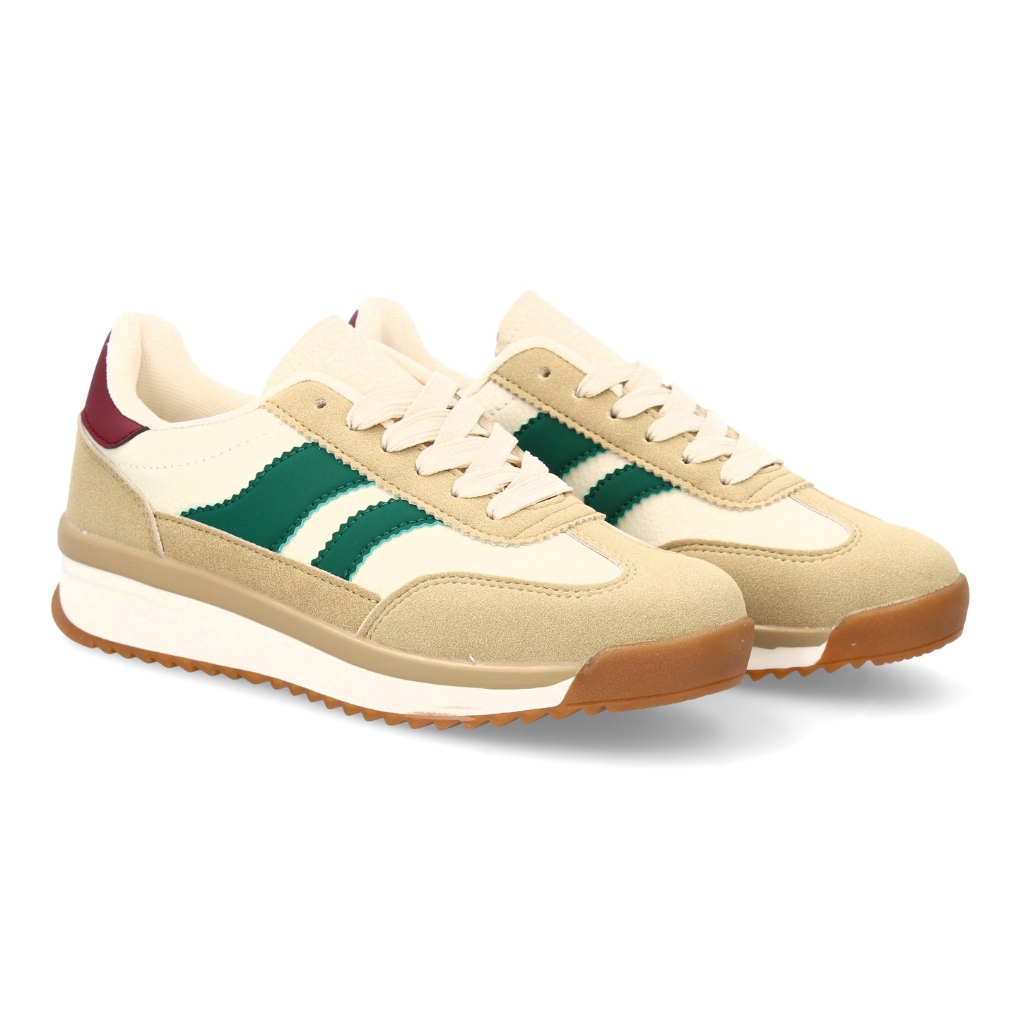 Zapatilla plana beige de mujer, estilo retro, cierre de cordones y contraste lateral, otoño invierno.