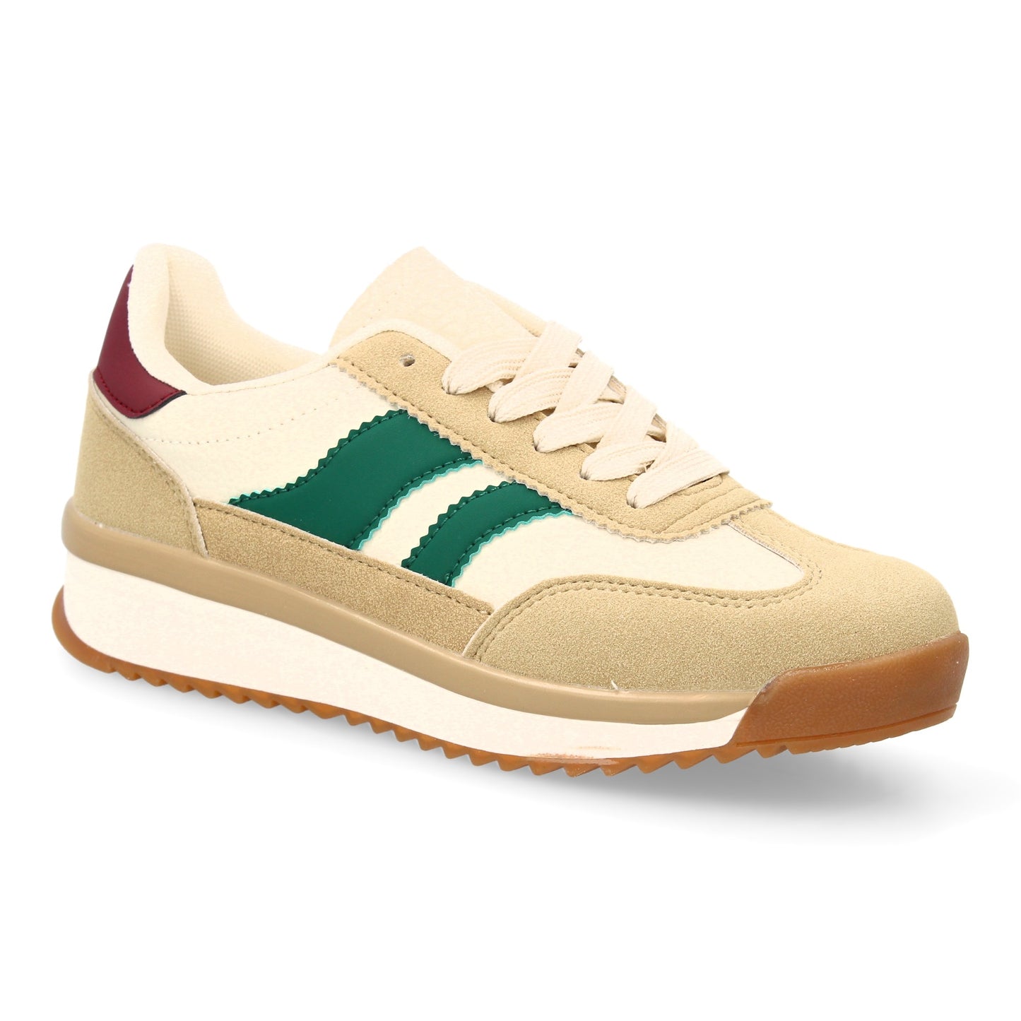 Zapatilla Plana Beige Mujer Estilo Retro con Contraste Lateral