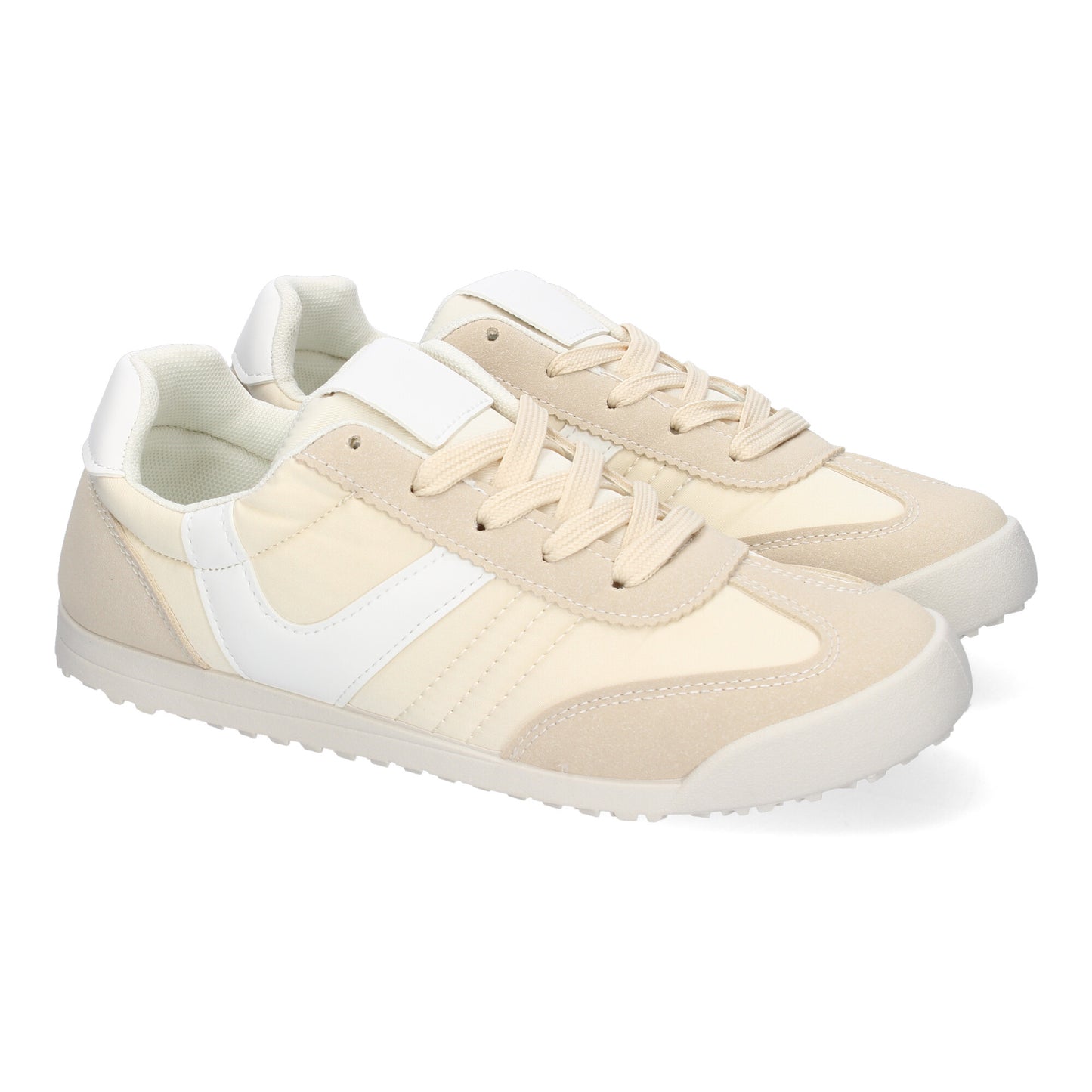 Zapatilla deportiva casual beige de mujer, diseño moderno, detalles de colores y cordoneras.