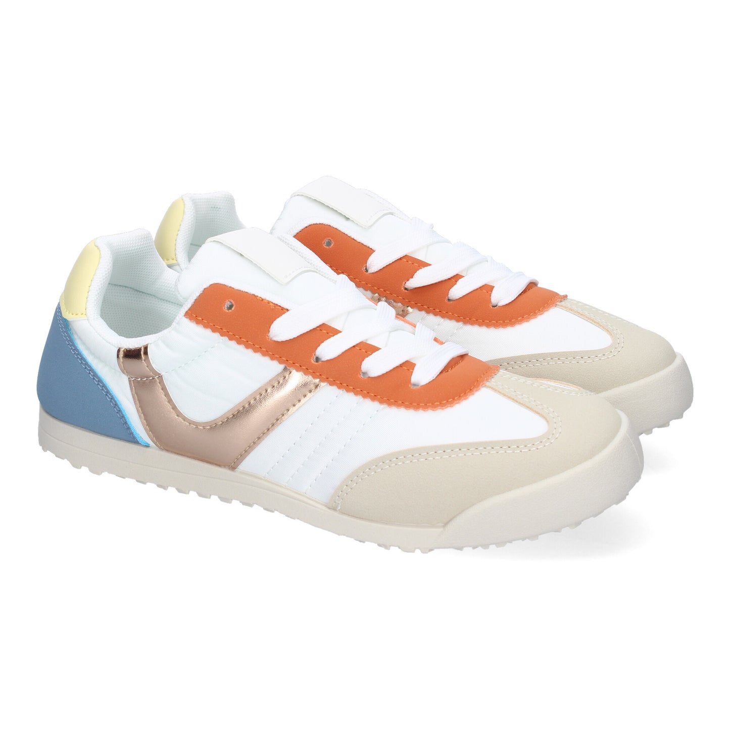 Zapatilla deportiva casual multi-color de mujer, diseño moderno, detalles de colores y cordoneras.
