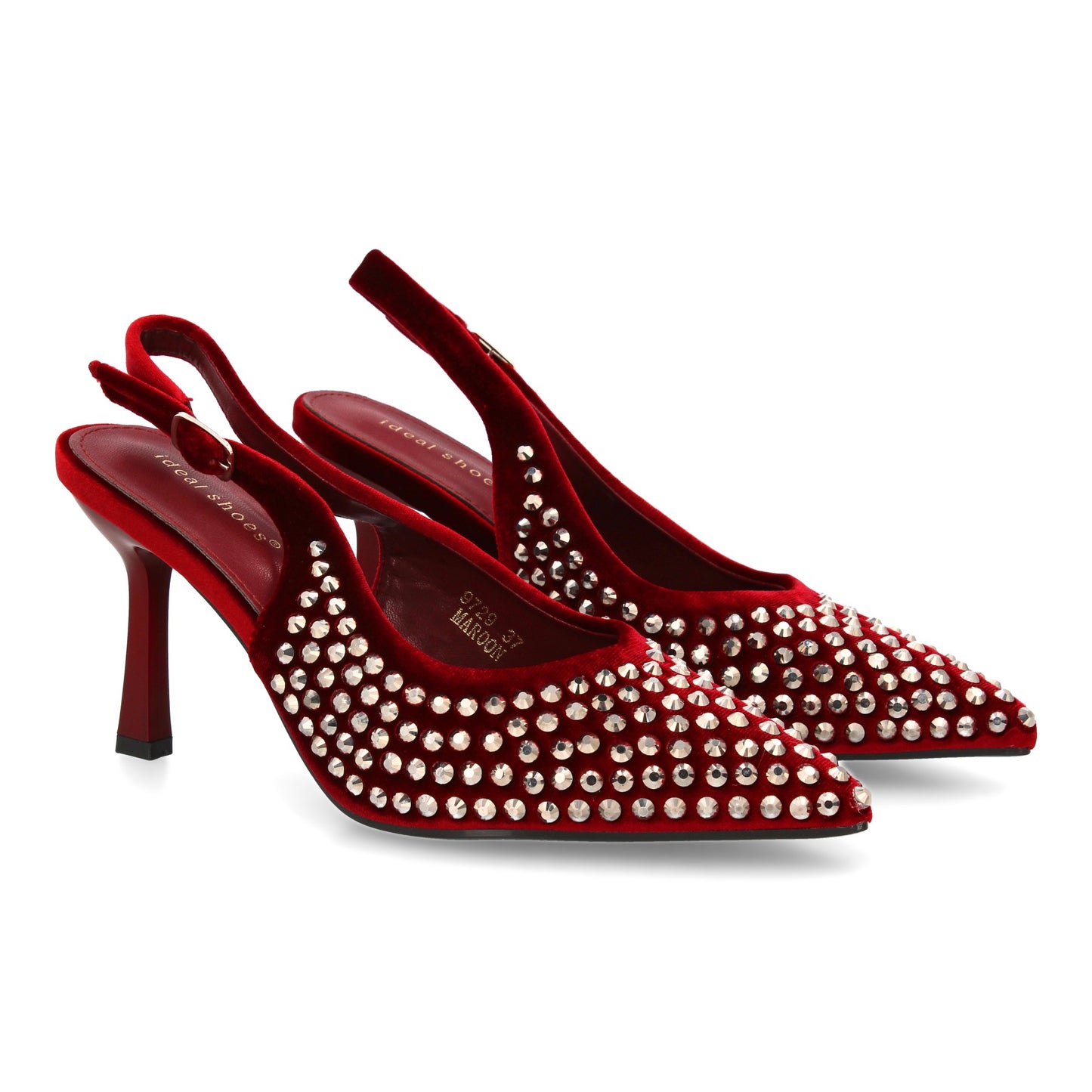 Zapatos de salón burdeos de mujer con pedrería, punta fina, tacón fino y cierre de hebilla, para eventos otoño invierno.