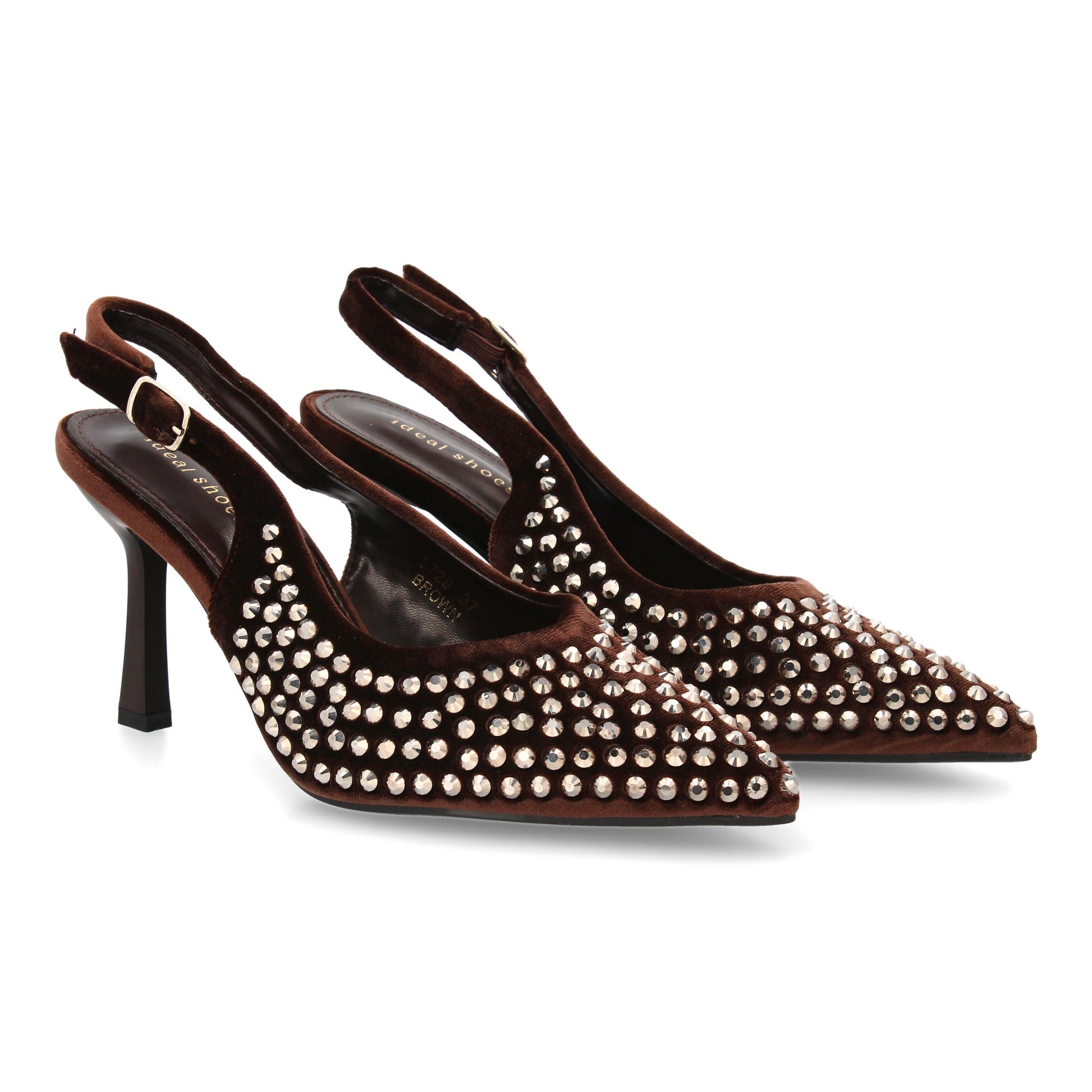 Zapatos de salón marrones de mujer con pedrería, punta fina, tacón fino y cierre de hebilla, para eventos otoño invierno.