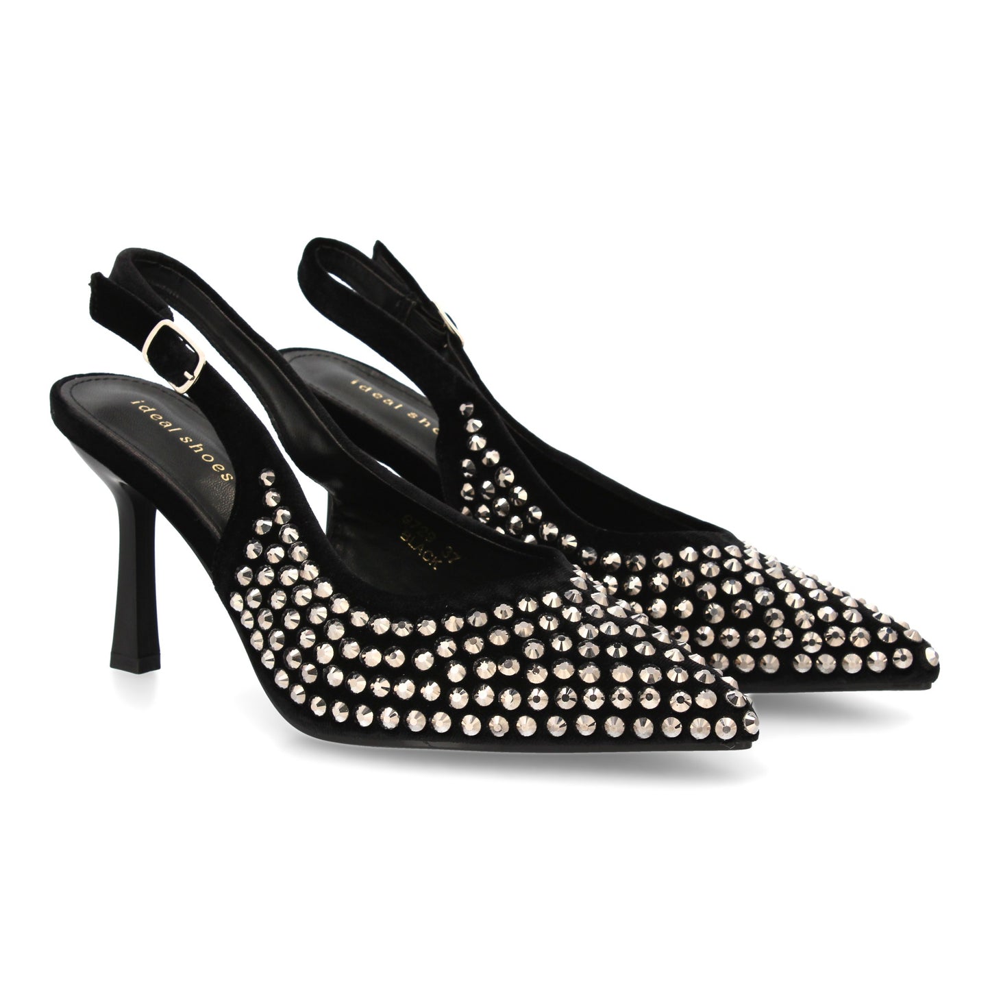 Zapatos de salón negros de mujer con pedrería, punta fina, tacón fino y cierre de hebilla, para eventos otoño invierno.