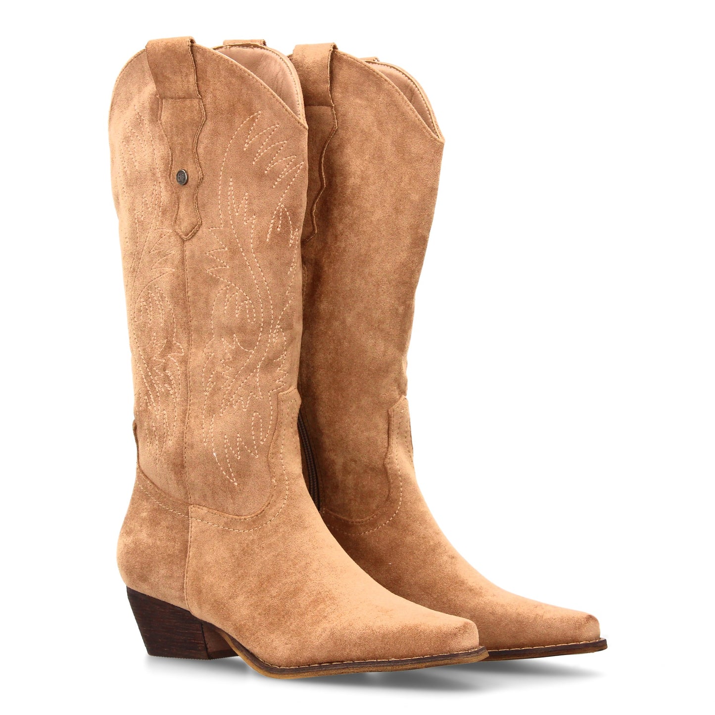 Bota cowboy beige de caña alta para mujer, bordados decorativos, punta fina, tacón bajo y cremallera, otoño invierno.
