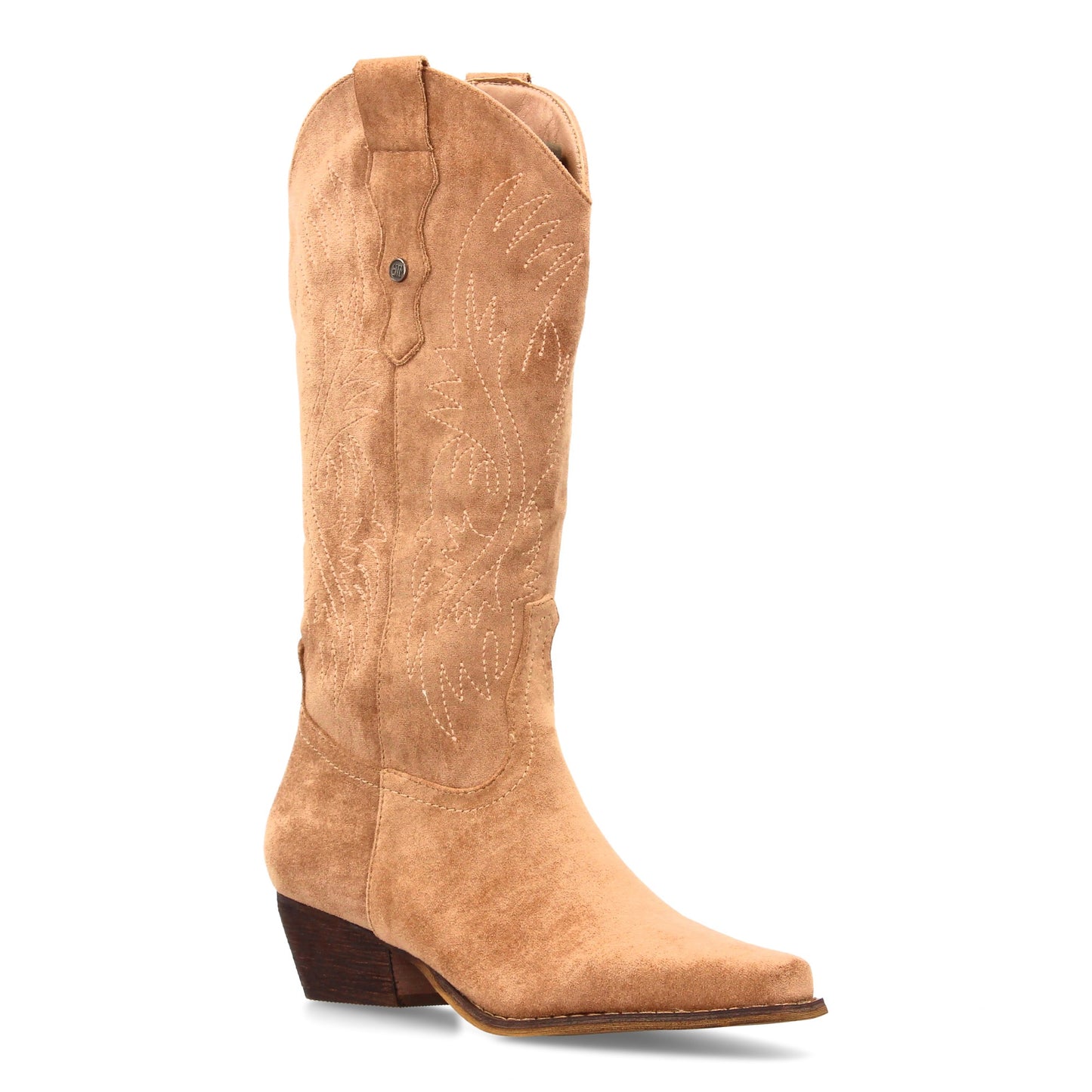 Bota Cowboy Beige de Caña Alta con Bordados y Tacón Bajo