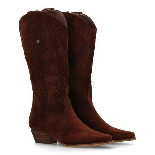 Bota cowboy café de caña alta para mujer, bordados decorativos, punta fina, tacón bajo y cremallera, otoño invierno.