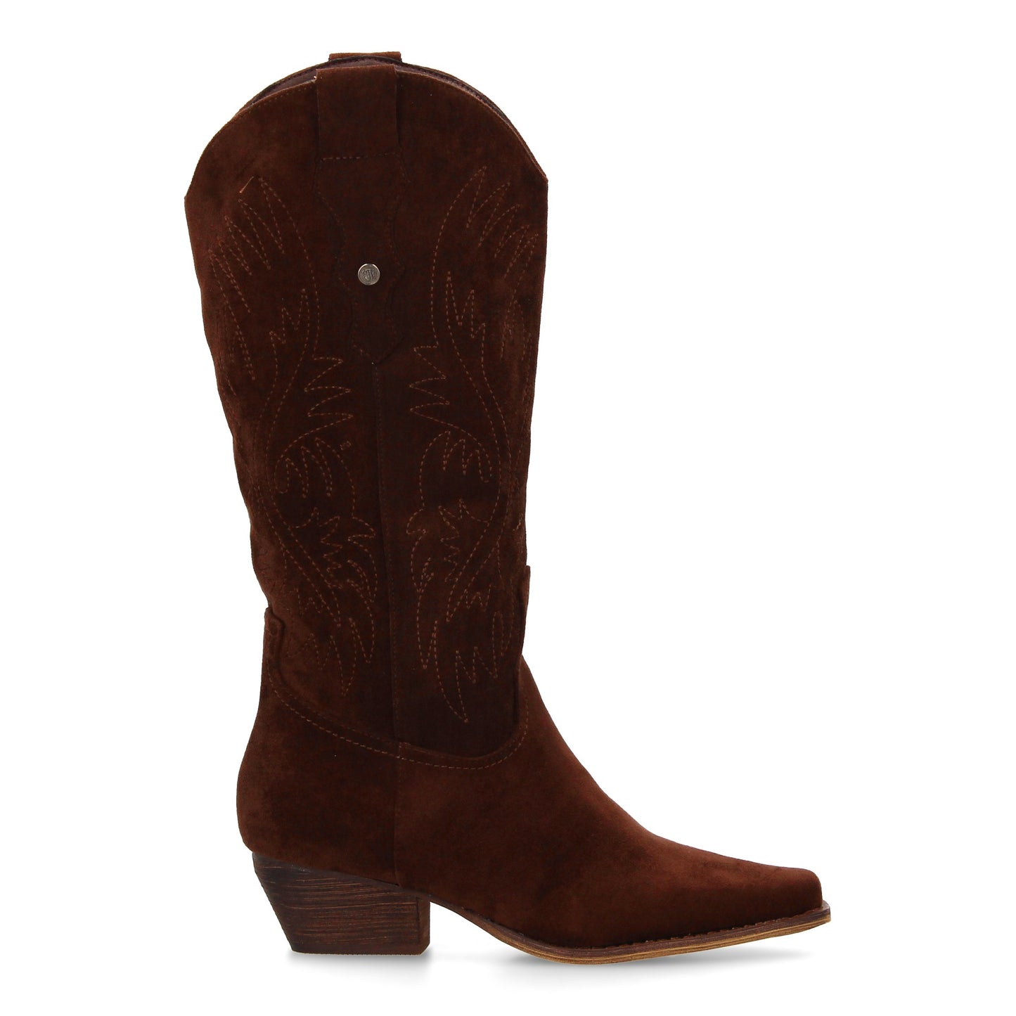 Bota Cowboy Café de Caña Alta con Bordados y Tacón Bajo