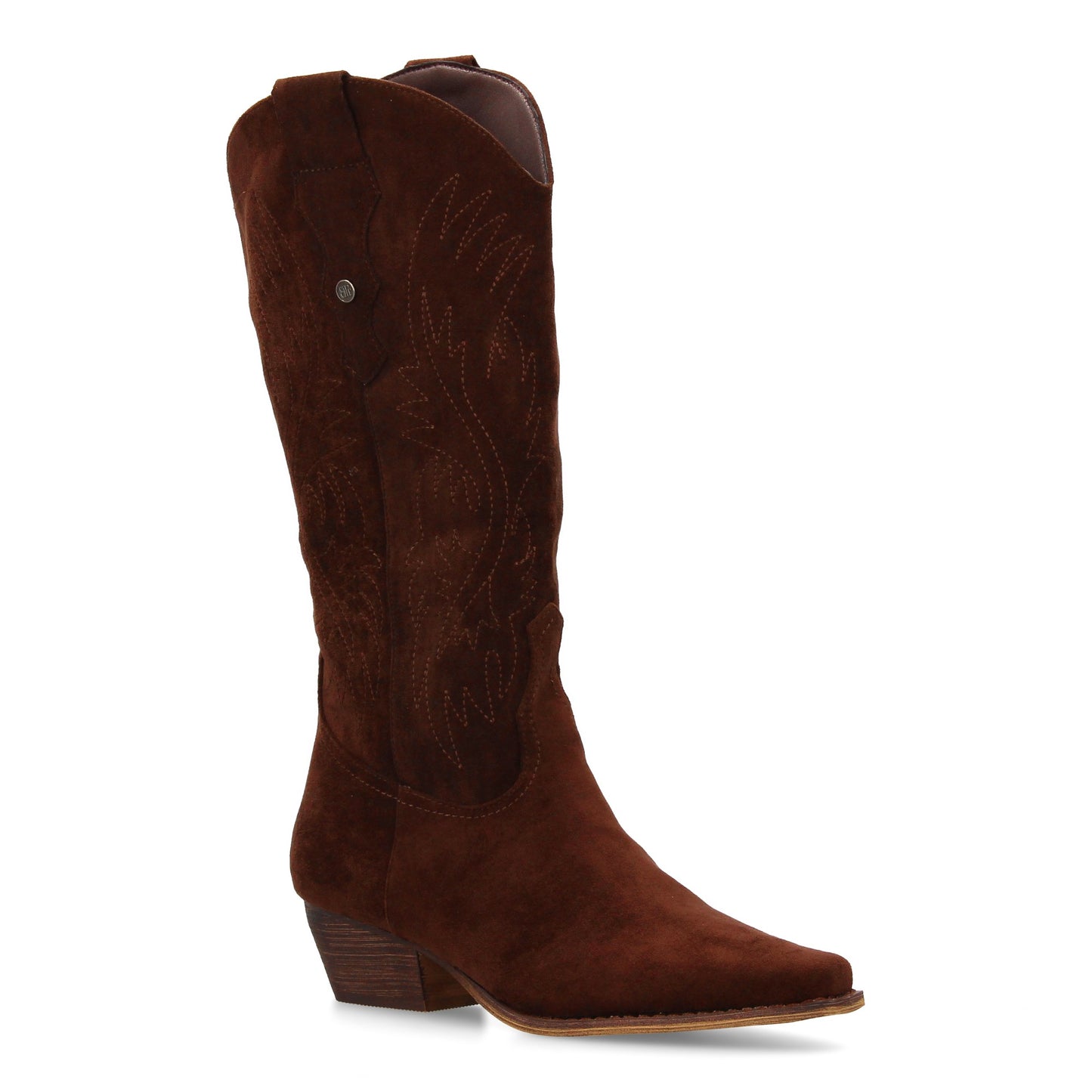 Bota Cowboy Café de Caña Alta con Bordados y Tacón Bajo