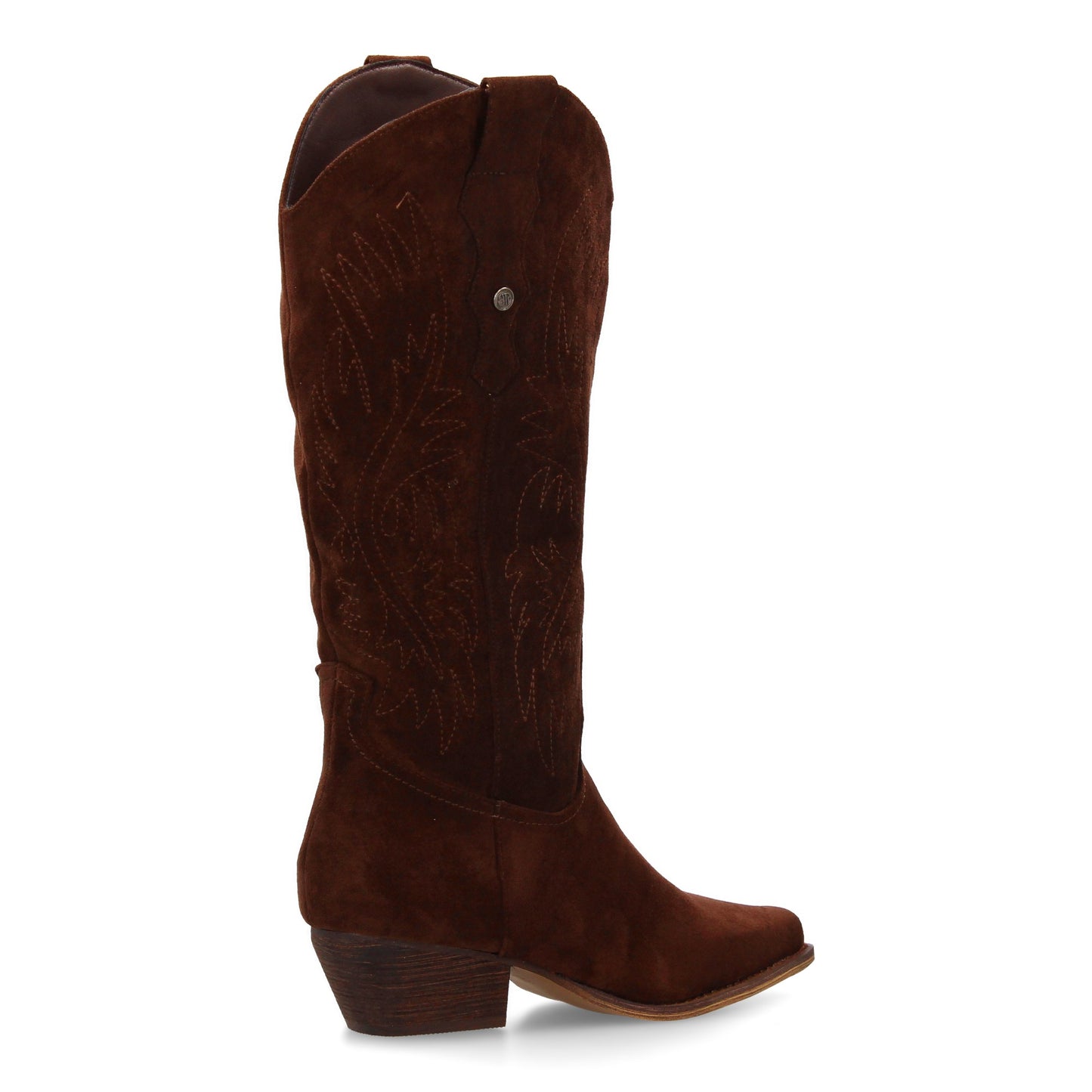 Bota Cowboy Café de Caña Alta con Bordados y Tacón Bajo