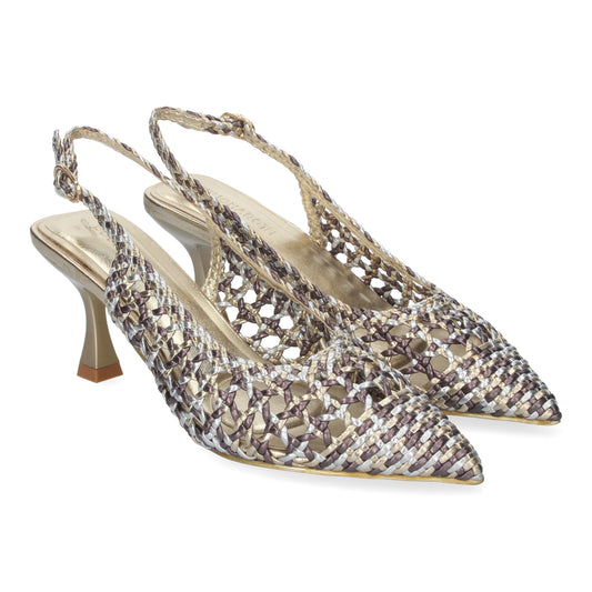 Zapato de Tacón Fino para Mujer Cómodo y Elegante Estilo Salón de Punta Fina de Material Entrelazado y Cierre de Hebilla color Gris