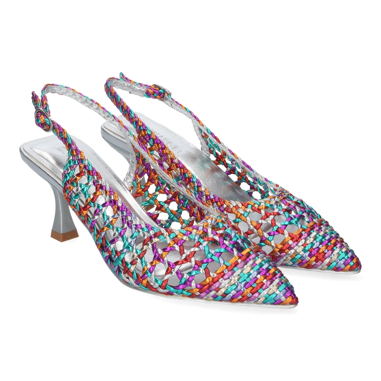 Zapato de Tacón Fino para Mujer Cómodo y Elegante Estilo Salón de Punta Fina de Material Entrelazado y Cierre de Hebilla Multicolor