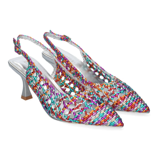 Zapato de Tacón Fino para Mujer Cómodo y Elegante Estilo Salón de Punta Fina de Material Entrelazado y Cierre de Hebilla Multicolor