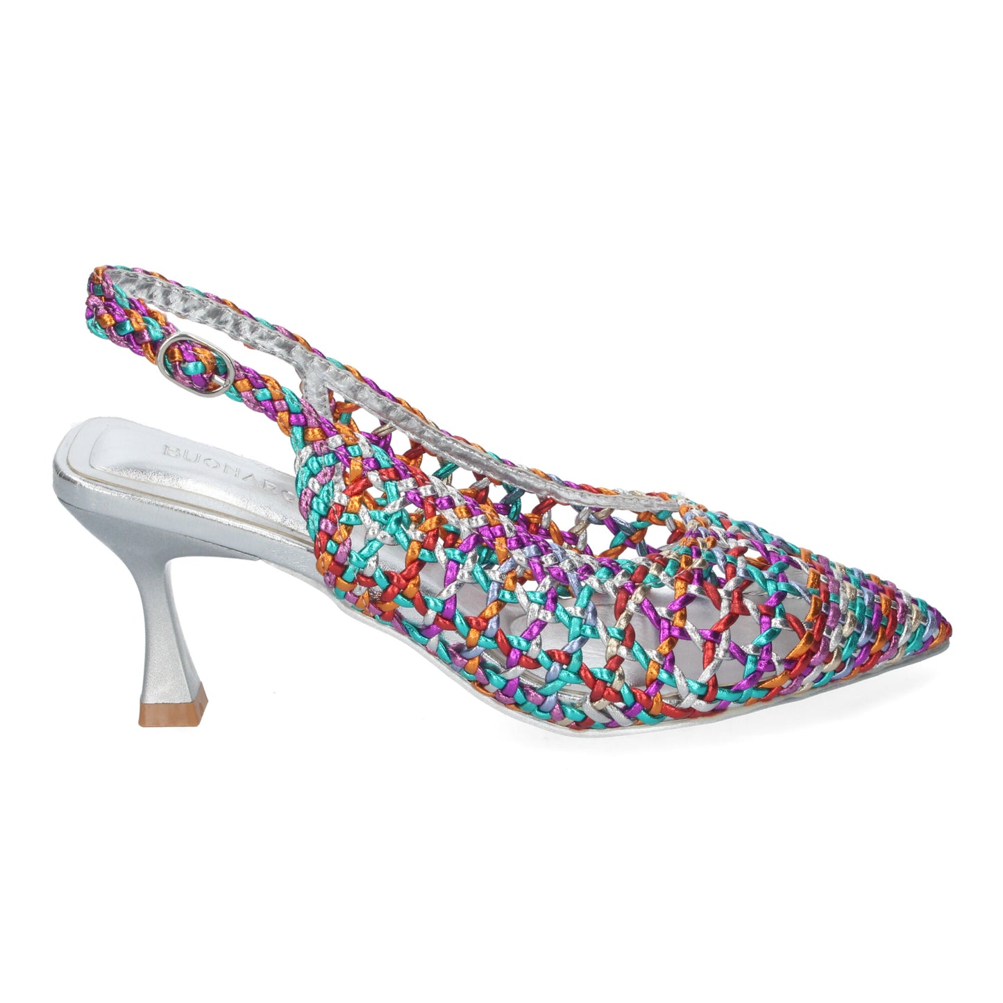 Zapato de Tacón Fino para Mujer Cómodo y Elegante Estilo Salón de Punta Fina de Material Entrelazado y Cierre de Hebilla Multicolor