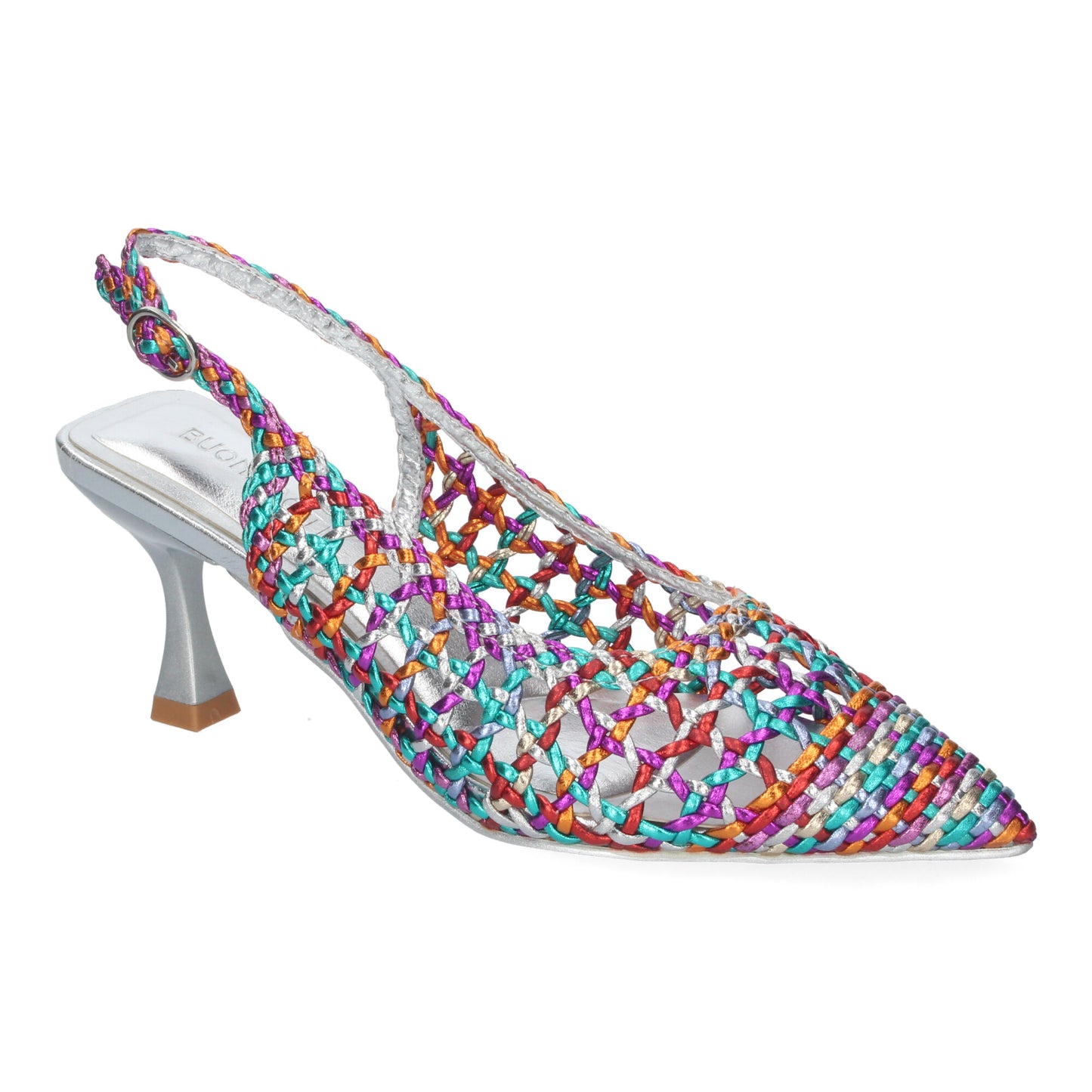 Zapato de Tacón Fino para Mujer Cómodo y Elegante Estilo Salón de Punta Fina de Material Entrelazado y Cierre de Hebilla Multicolor