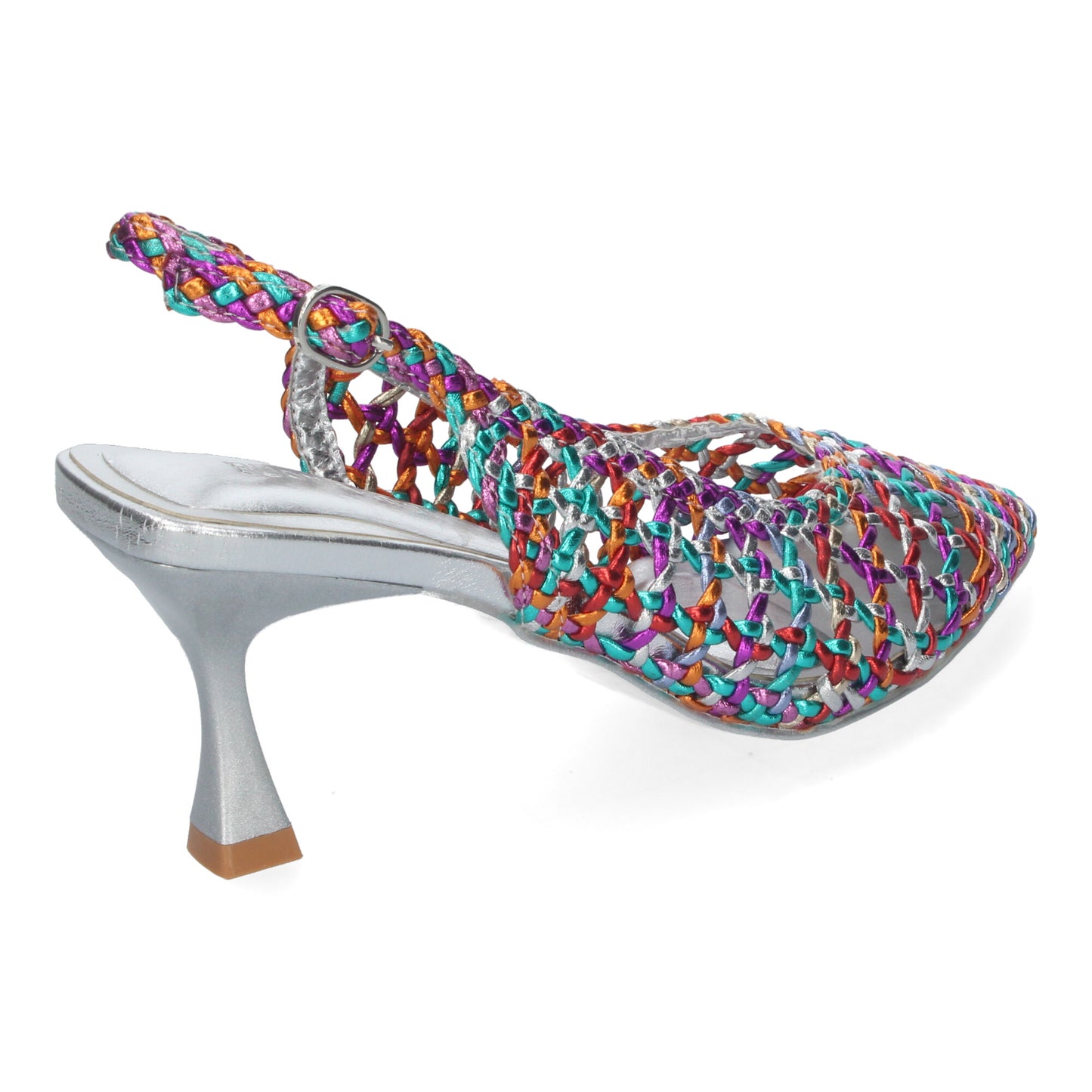 Zapato de Tacón Fino para Mujer Cómodo y Elegante Estilo Salón de Punta Fina de Material Entrelazado y Cierre de Hebilla Multicolor