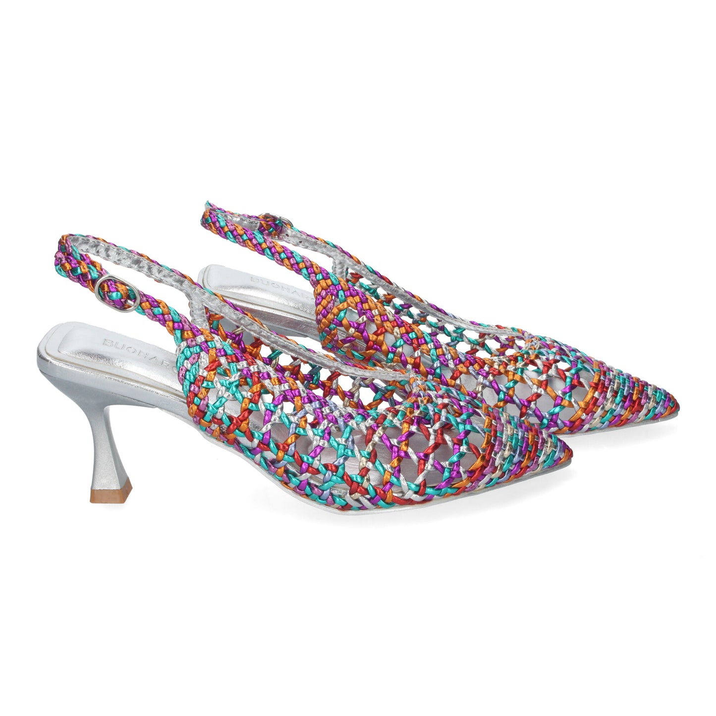 Zapato de Tacón Fino para Mujer Cómodo y Elegante Estilo Salón de Punta Fina de Material Entrelazado y Cierre de Hebilla Multicolor