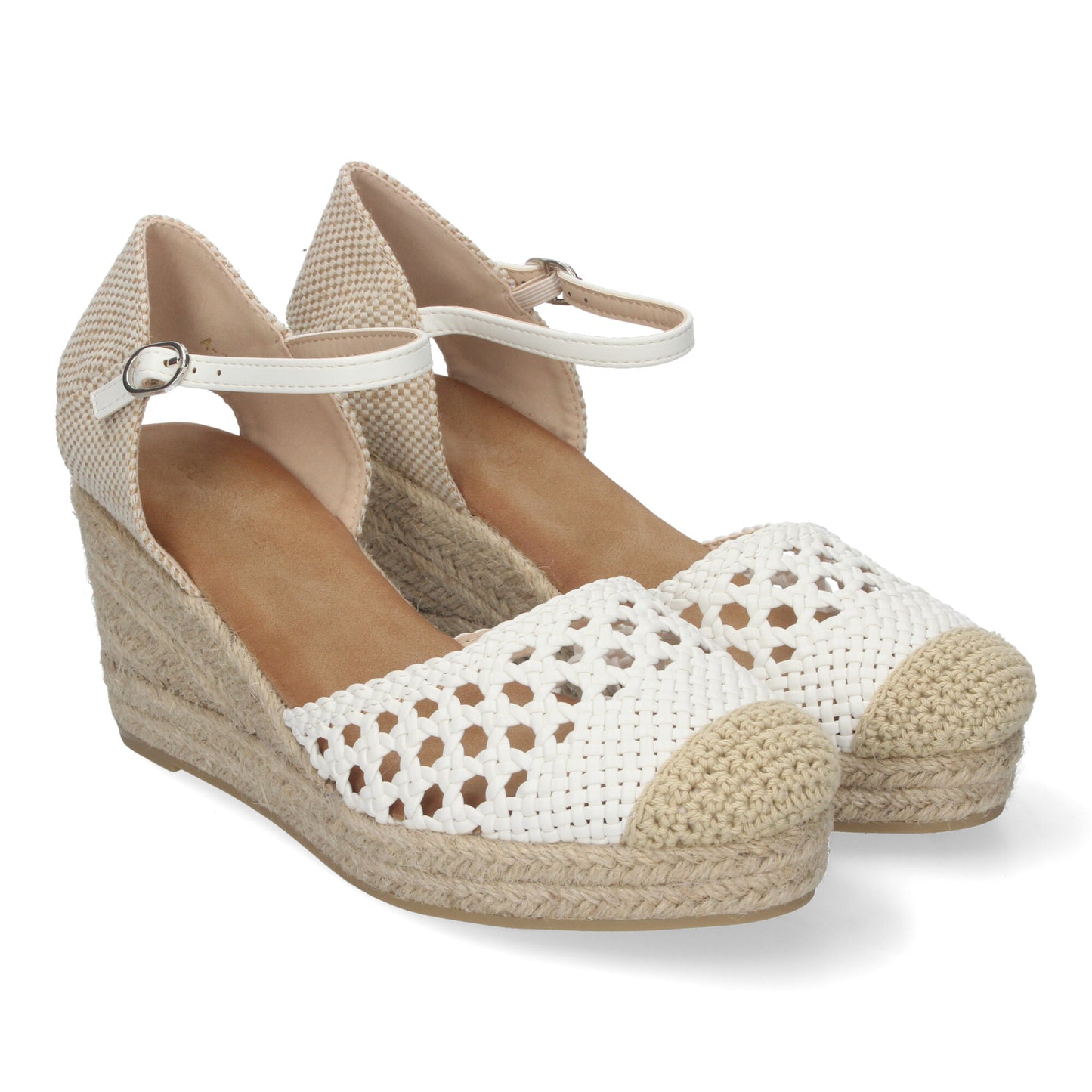 Sandalia de Cuña para Mujer Cómodas y Elegantes Forrada de Yute con Pala Calada y Cierre de Hebilla color Blanco