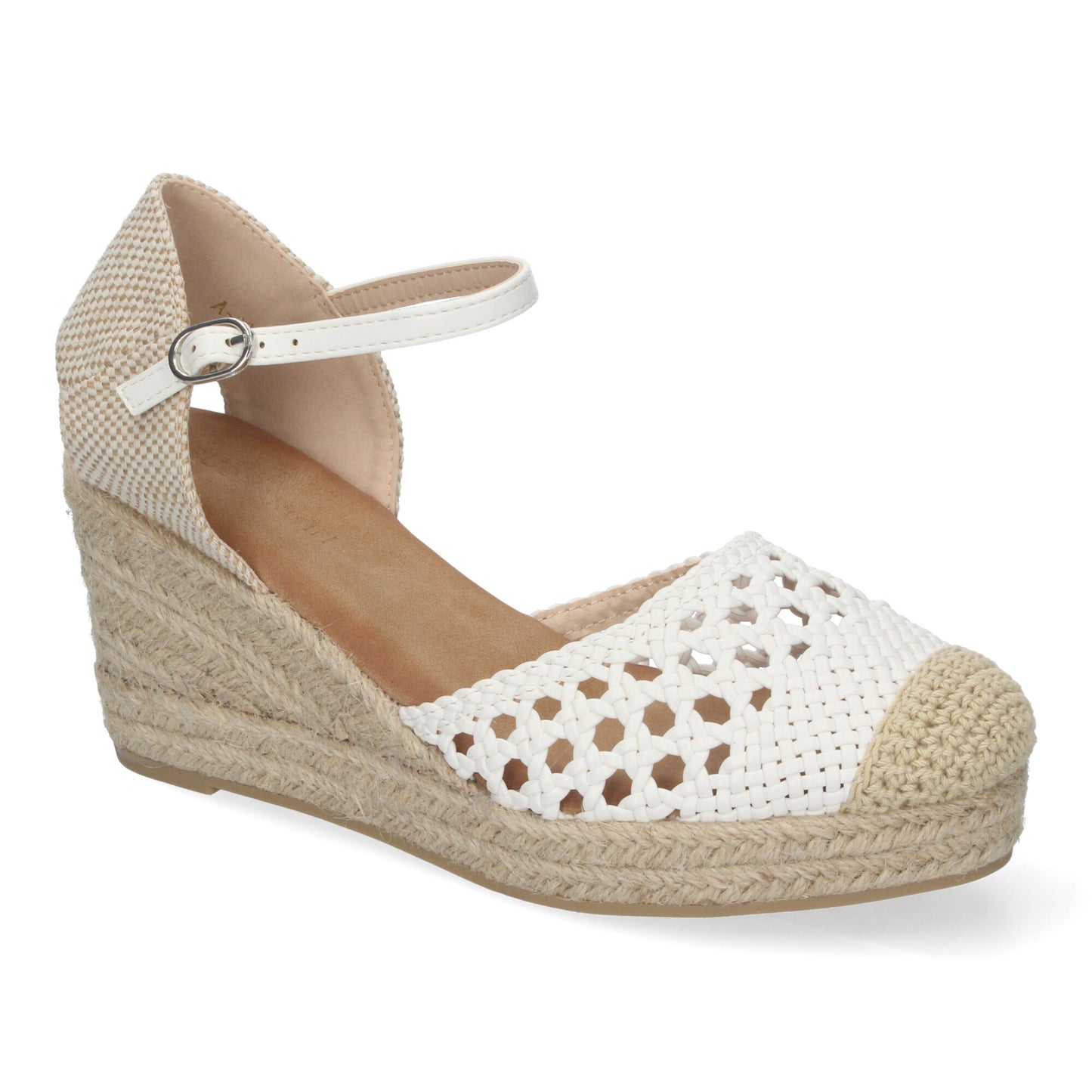 Sandalia de Cuña para Mujer Cómodas y Elegantes Forrada de Yute con Pala Calada y Cierre de Hebilla color Blanco